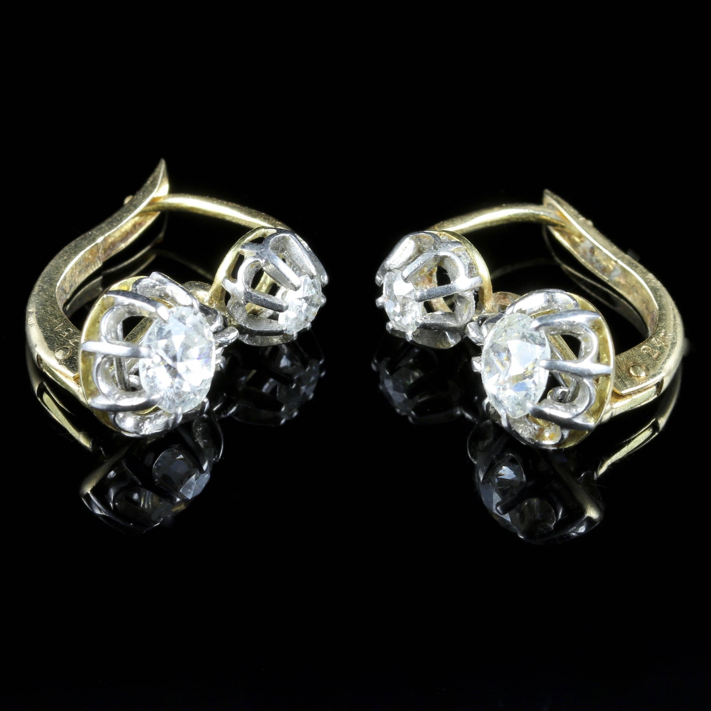 Antique Victorian French 1.66 Carat Old Cut Diamond Gold Double Drop Earrings 1