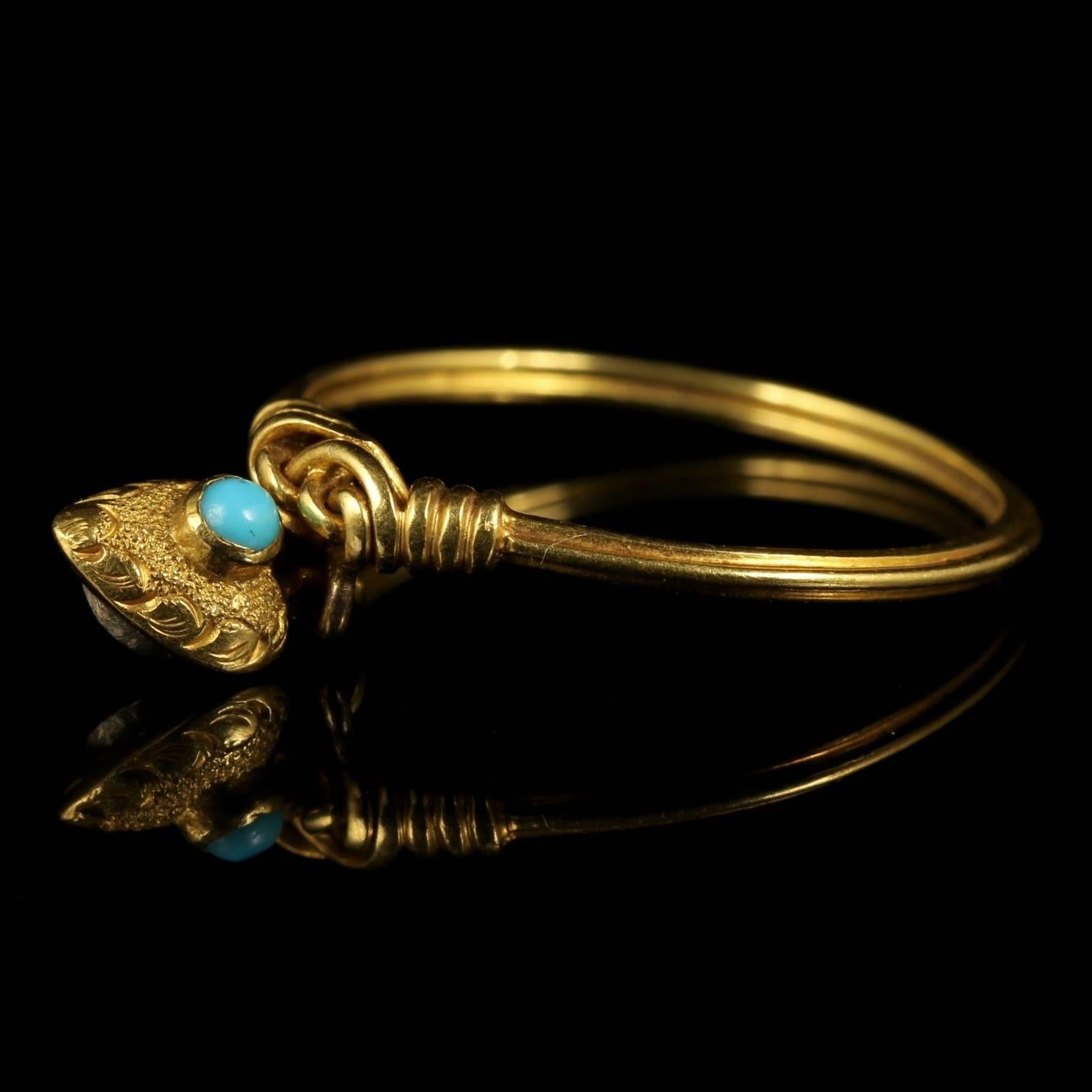 Women's Georgian Gold Heart Dropper Ring Turquoise in a Heart Box, circa 1780