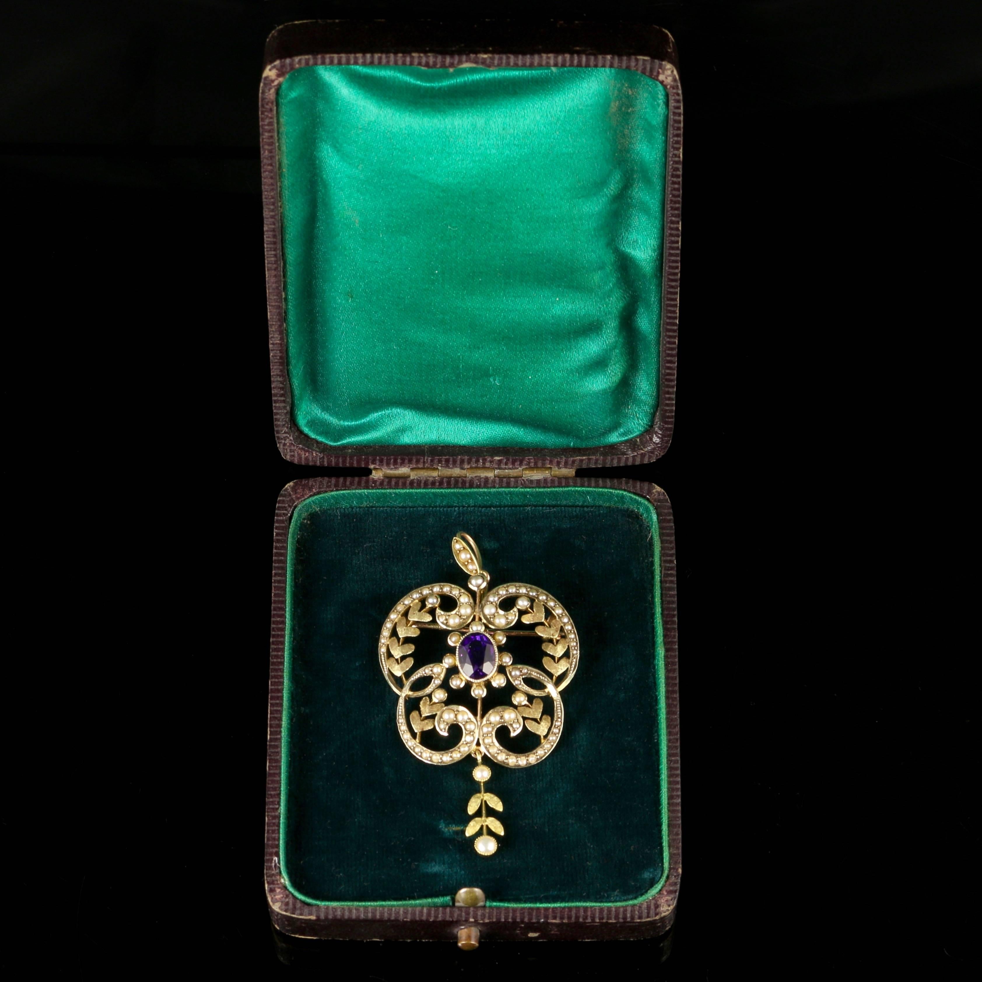 Antique Victorian Amethyst Pearl Boxed 9 Carat Gold Pendant Brooch For Sale 4