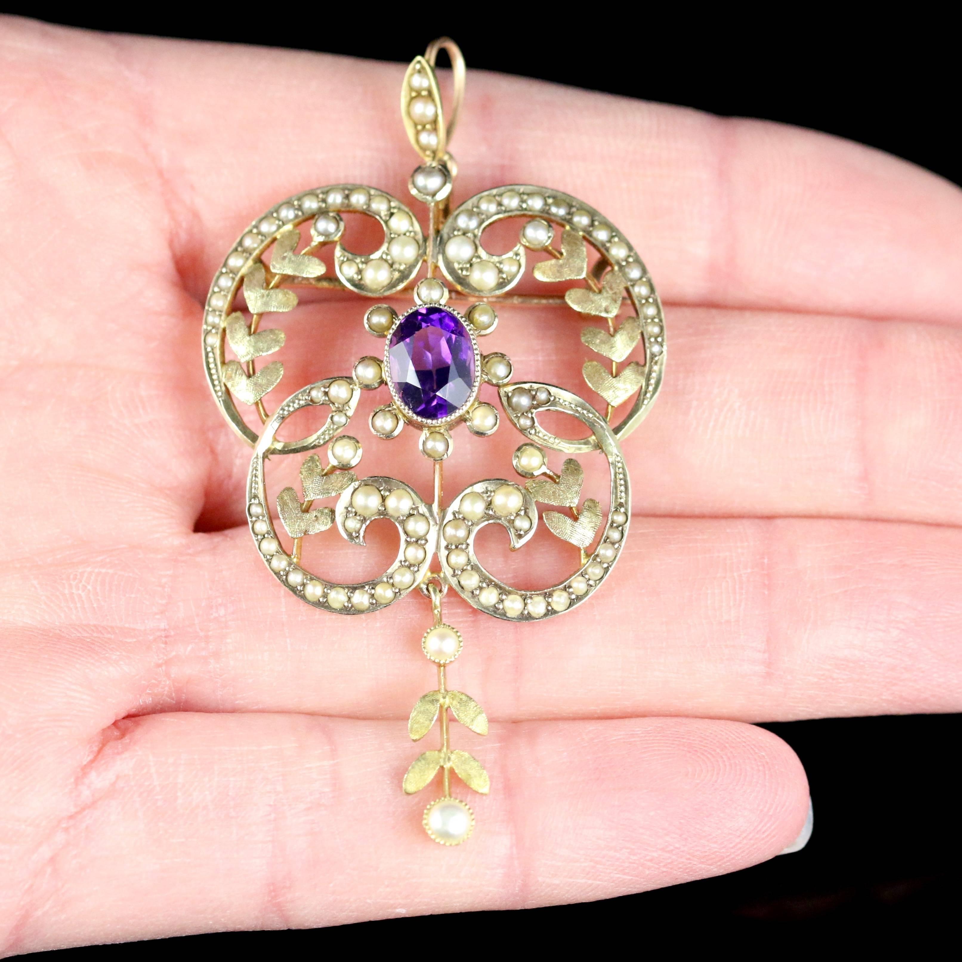 Antique Victorian Amethyst Pearl Boxed 9 Carat Gold Pendant Brooch For Sale 5