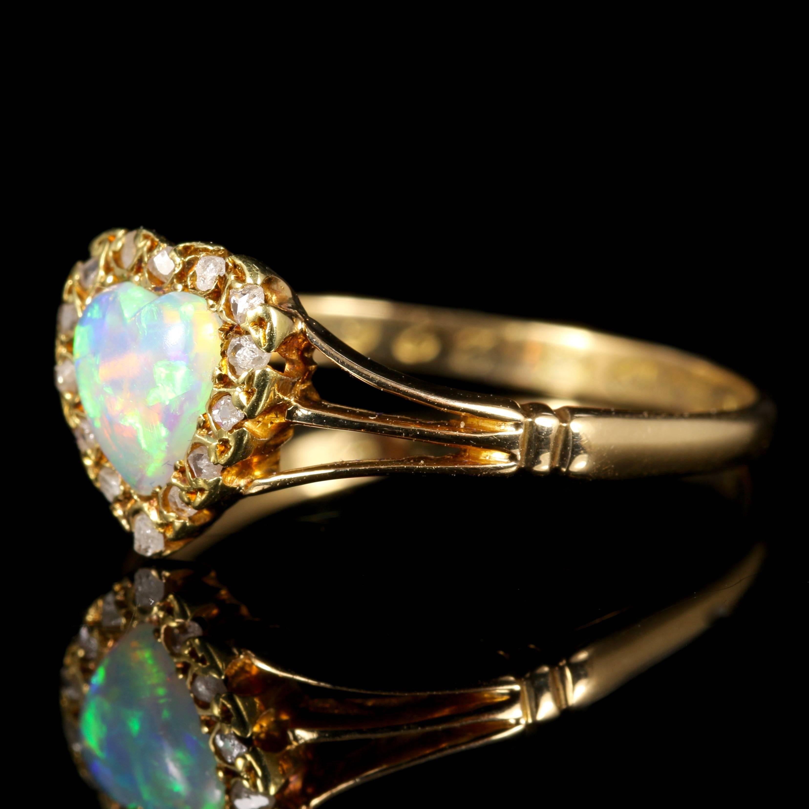 Antique Edwardian Opal Diamond Heart Ring 18 Carat in Original Heart Box, 1908 In Excellent Condition In Lancaster, Lancashire