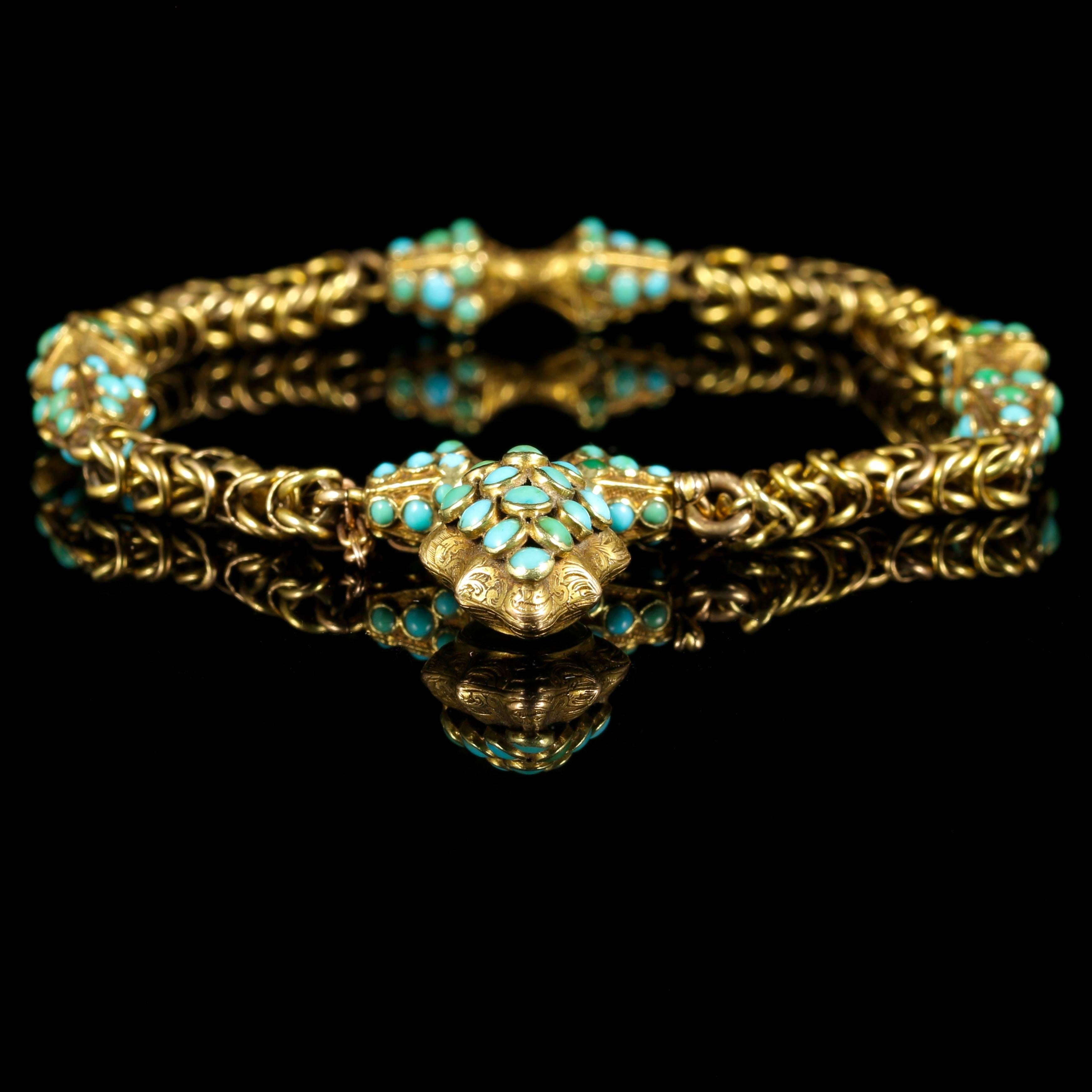 This very beautiful Georgian boxed 18ct Gold bracelet is adorned with Turquoises, Circa 1800.

Fabulous Georgian workmanship all round, intricate detail with Turquoise sections.

The bracelet is in its original box, a lovely deep maroon plush Velvet