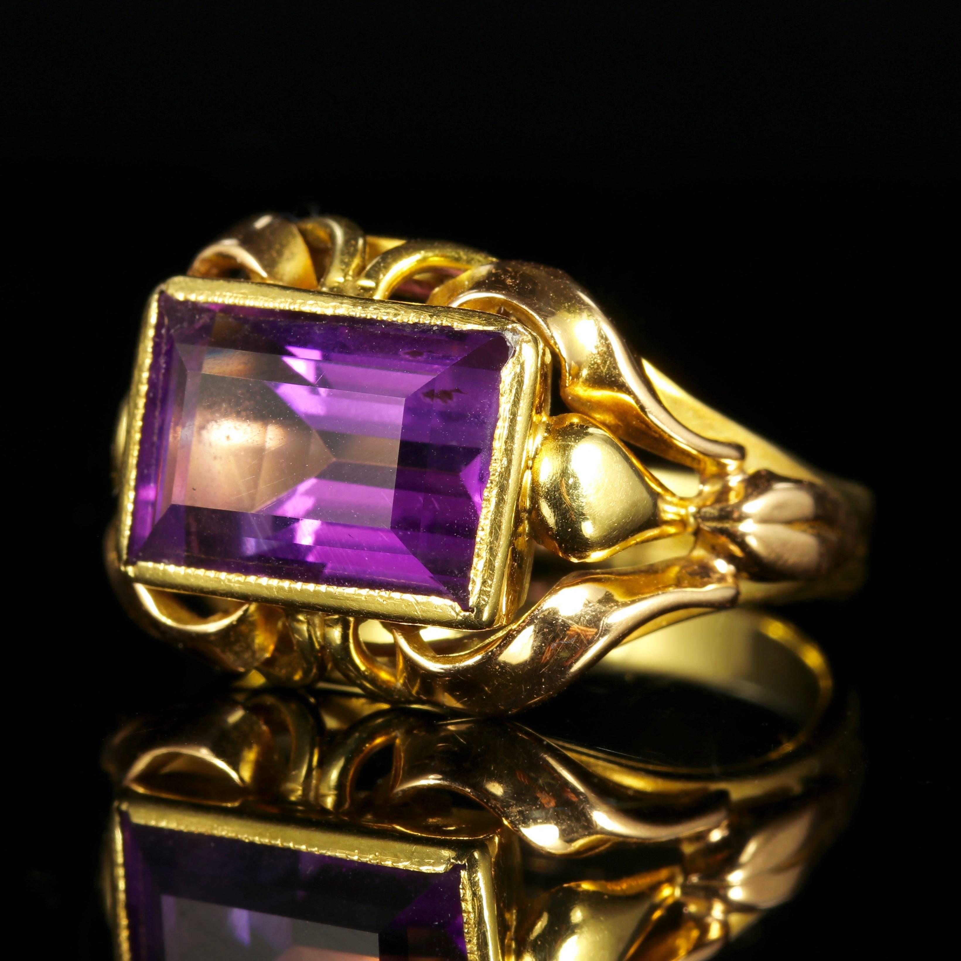 This very beautiful Victorian ring boasts a large deep purple Amethyst in the centre. 

The ring is Circa 1900 and displays beautiful workmanship from the Arts and Crafts movement. 

The Arts and Crafts Movement began in Britain around 1880 and