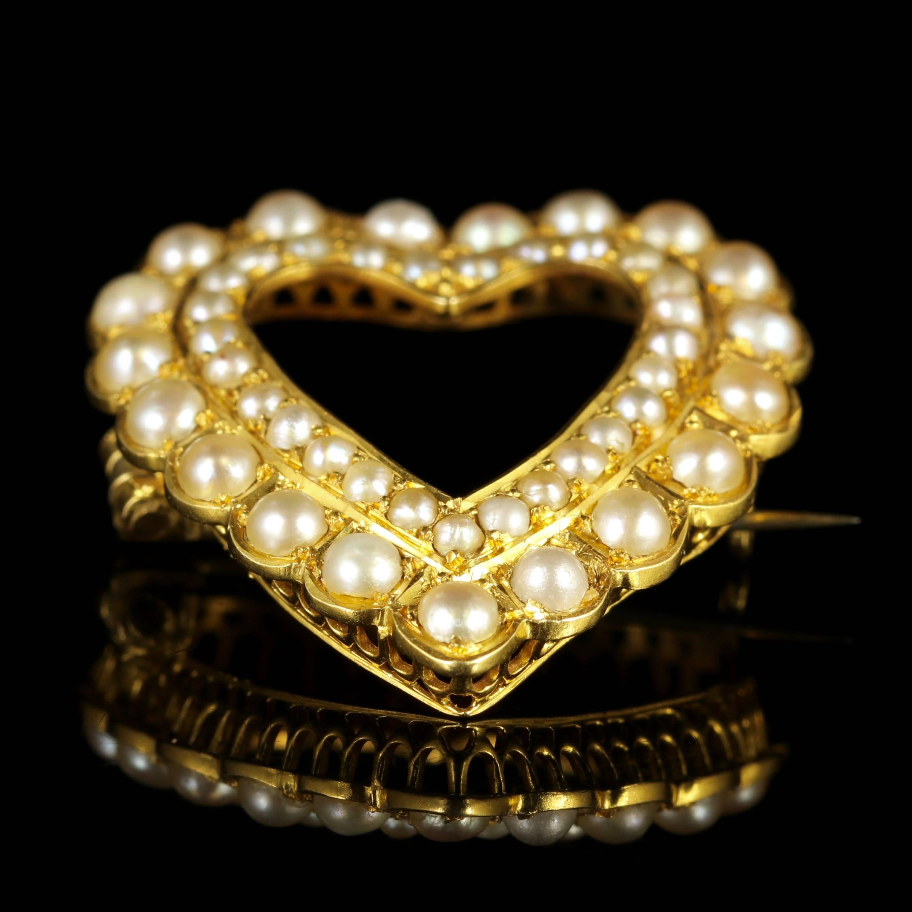 Antique Victorian Gold Pearl Heart Brooch 15 Carat Gold, circa 1900 In Excellent Condition In Lancaster, Lancashire