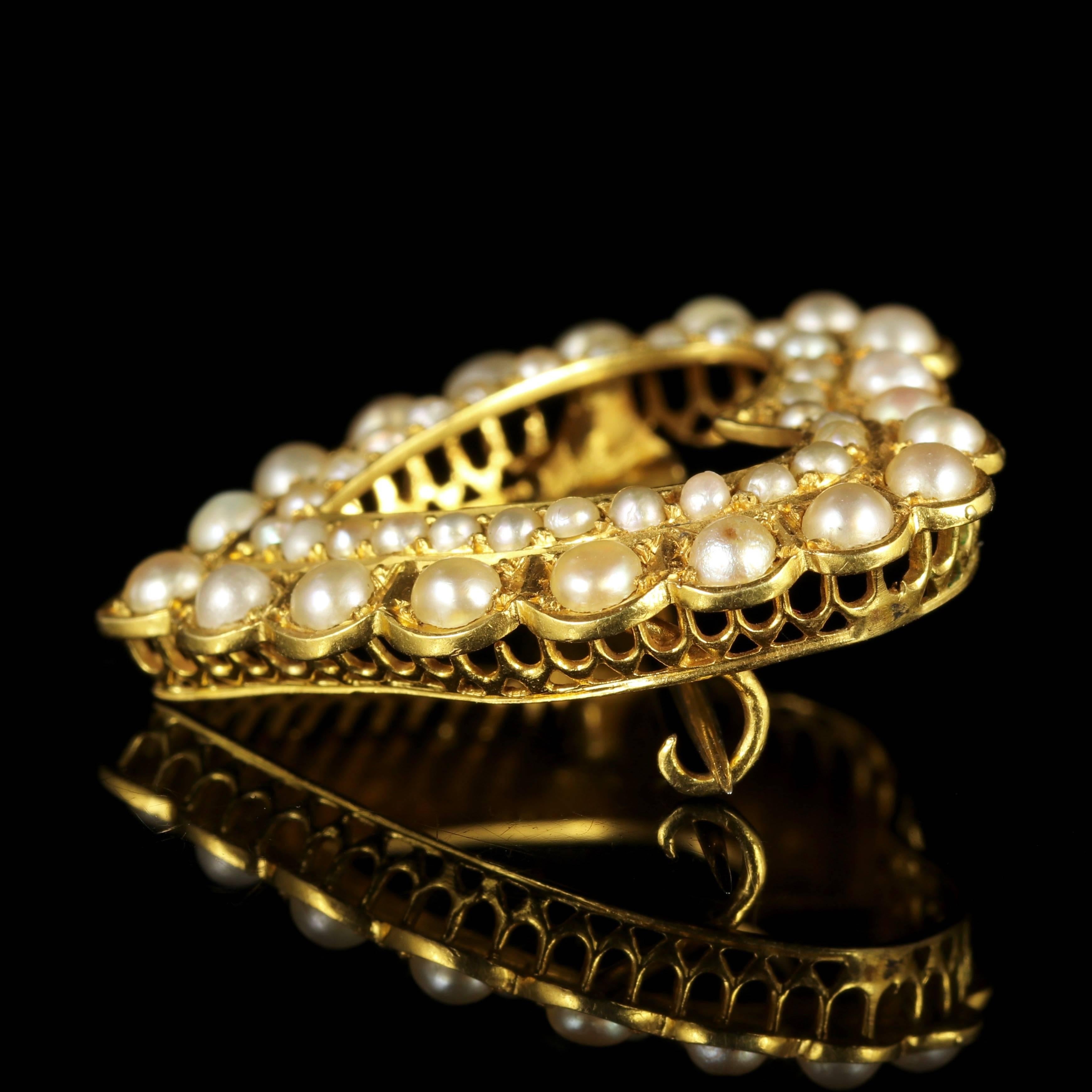 Women's Antique Victorian Gold Pearl Heart Brooch 15 Carat Gold, circa 1900