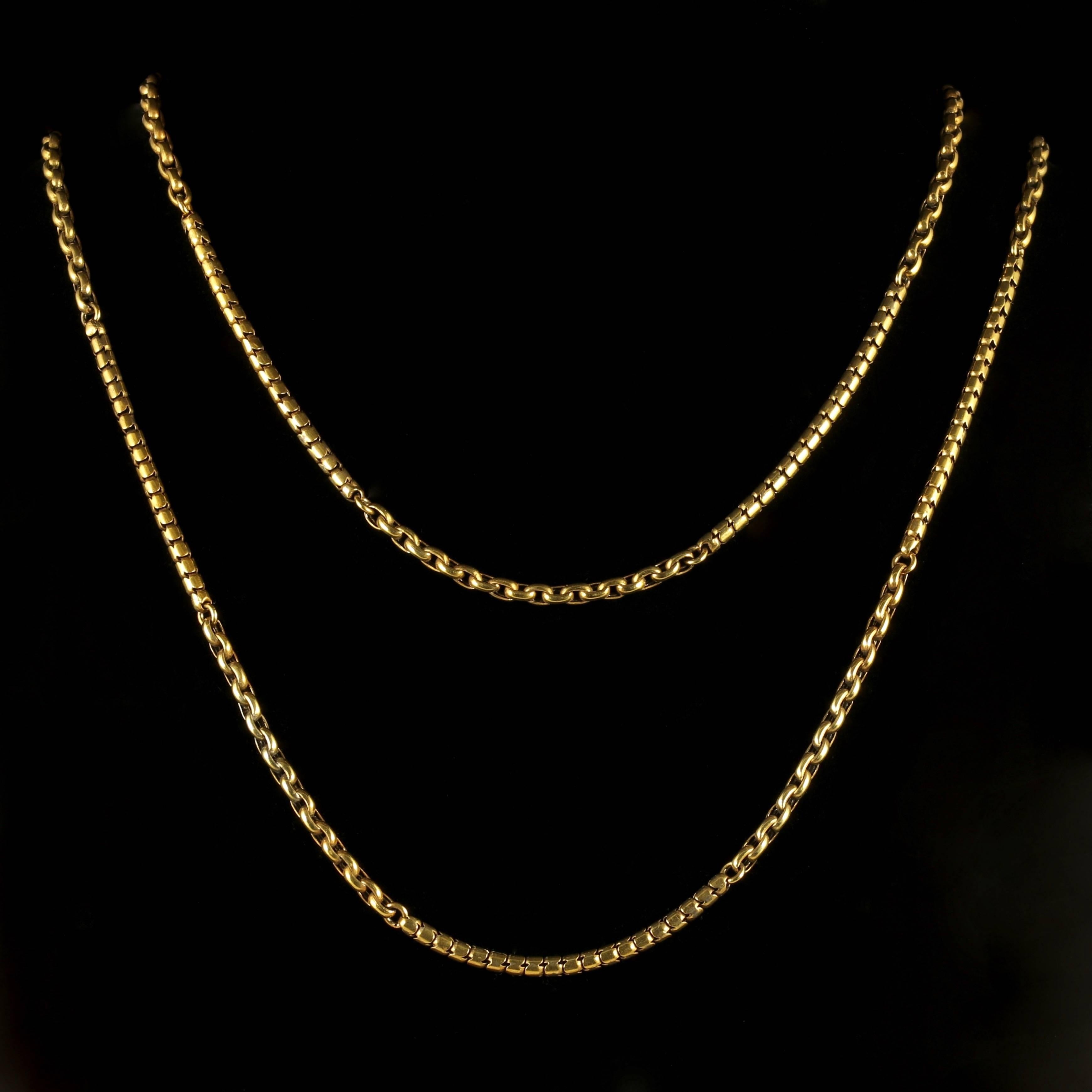 This spectacular long guard chain is all original set with different original sections which make it all the more interesting.

A genuine Victorian piece, Circa 1900.

The fabulous chain is 18ct Yellow Gold on Silver and has a nice smooth finish to