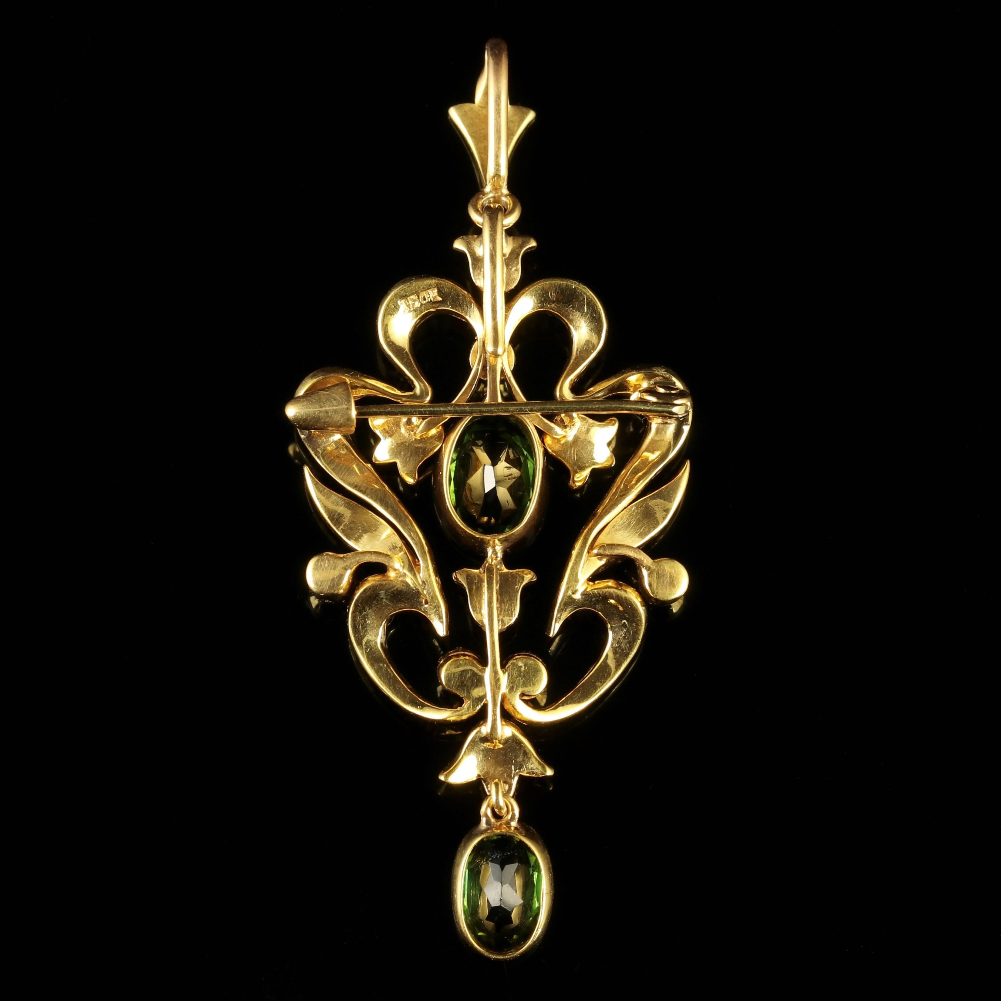 Antique Victorian Pendant Green Tourmaline 15ct Gold Brooch Circa 1900 3