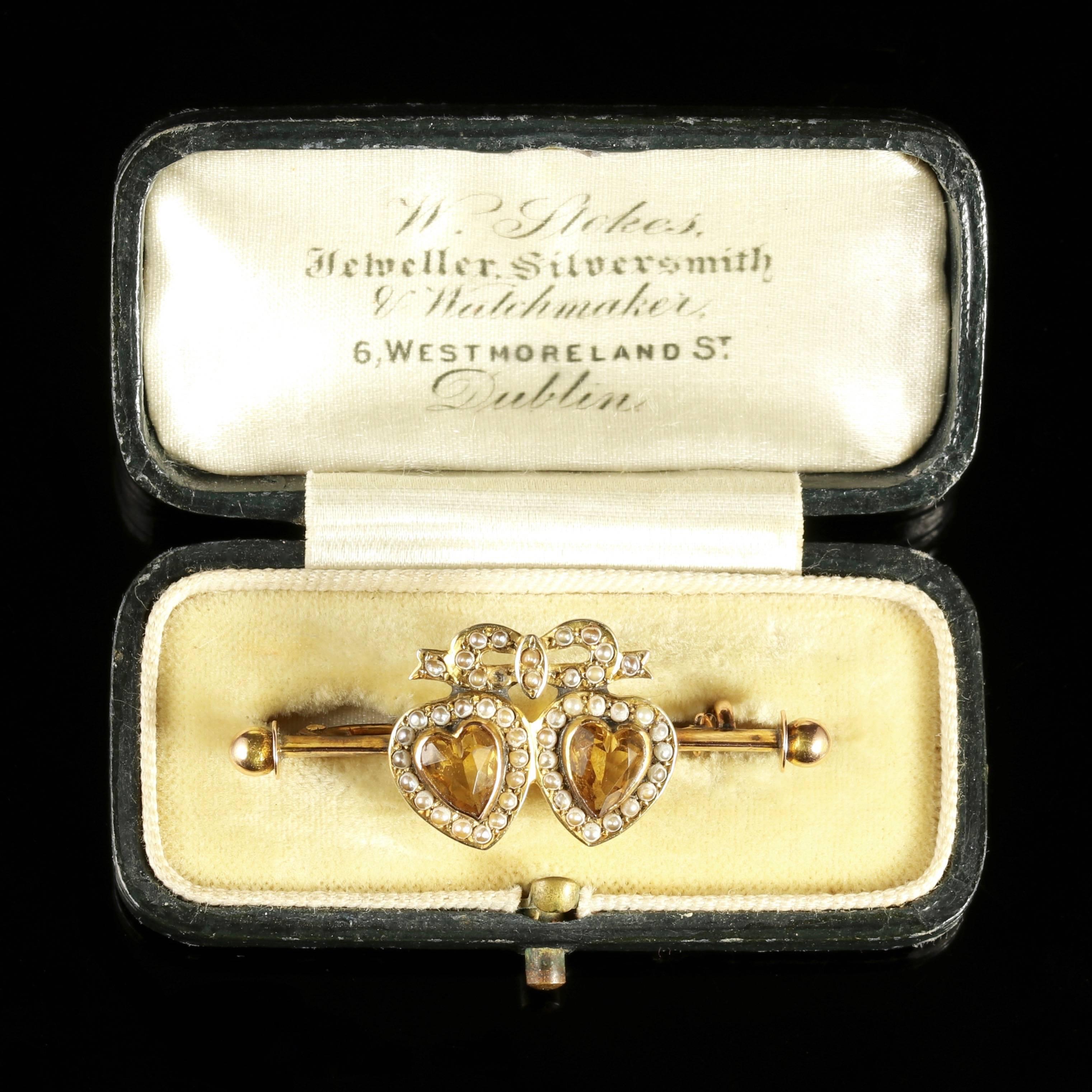 Antique Citrine Double Sweet Heart Pearl Gold Brooch in Original Irish Box 4