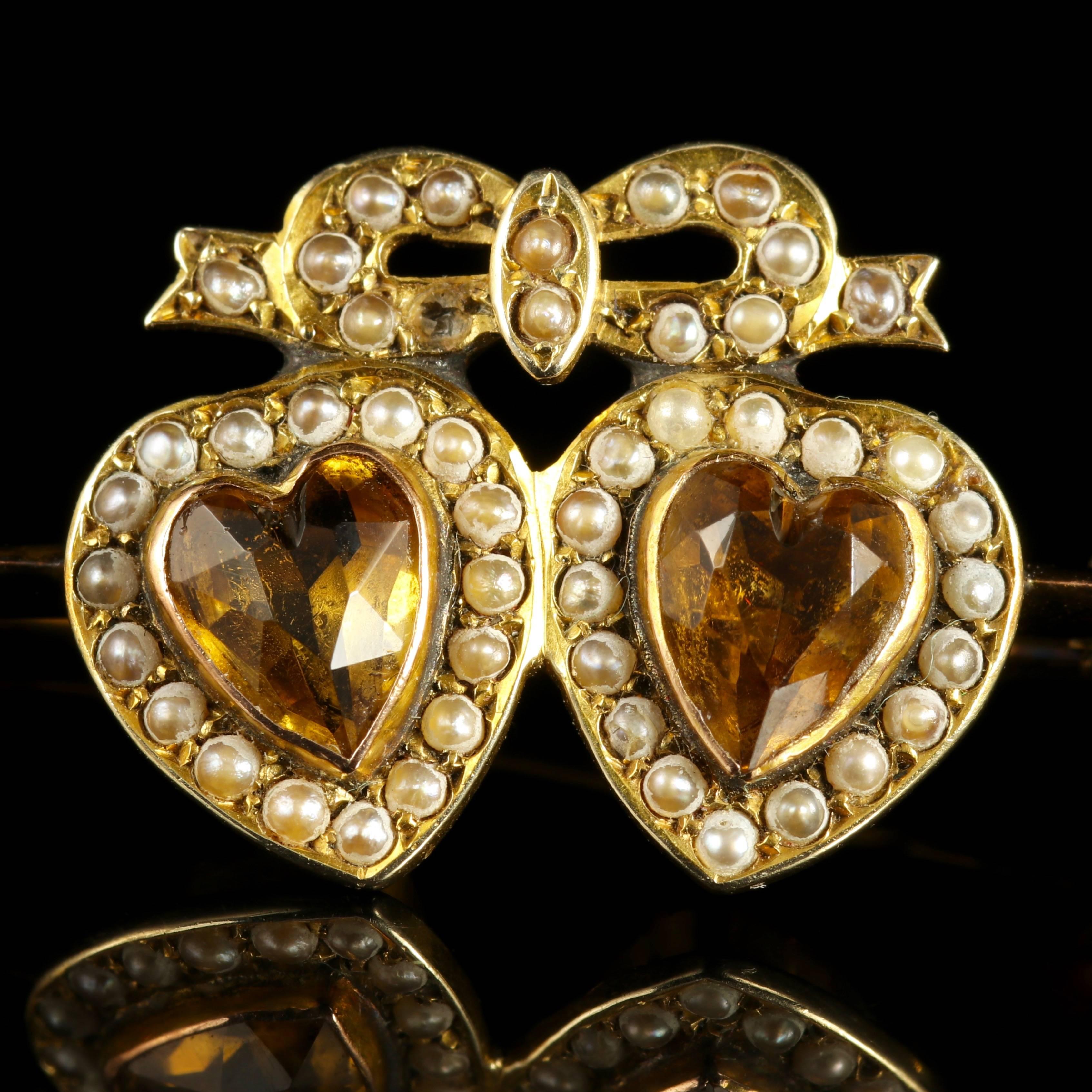 Victorian Antique Citrine Double Sweet Heart Pearl Gold Brooch in Original Irish Box