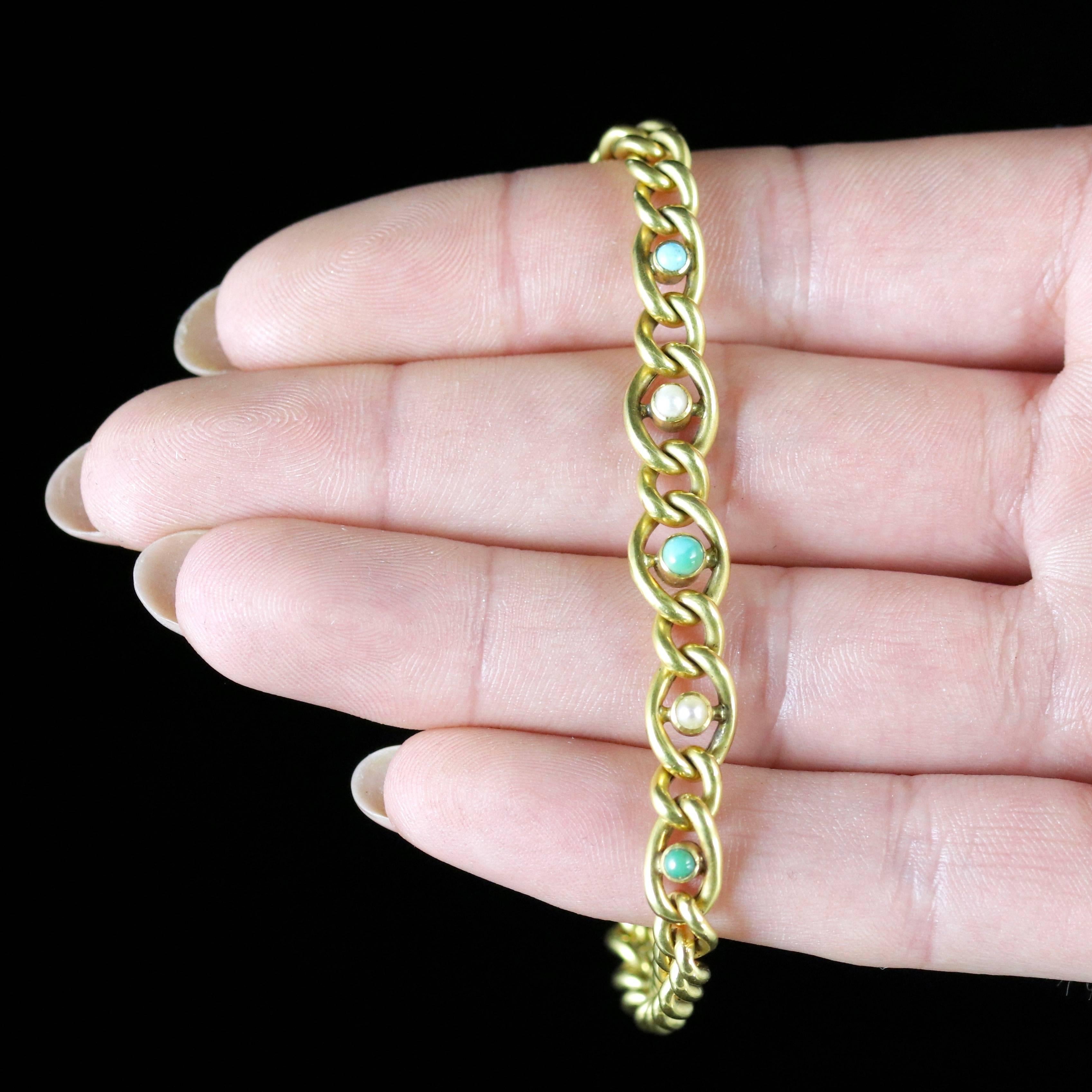 Antique Victorian Turquoise Pearl Bracelet 15 Carat Gold, circa 1900 4