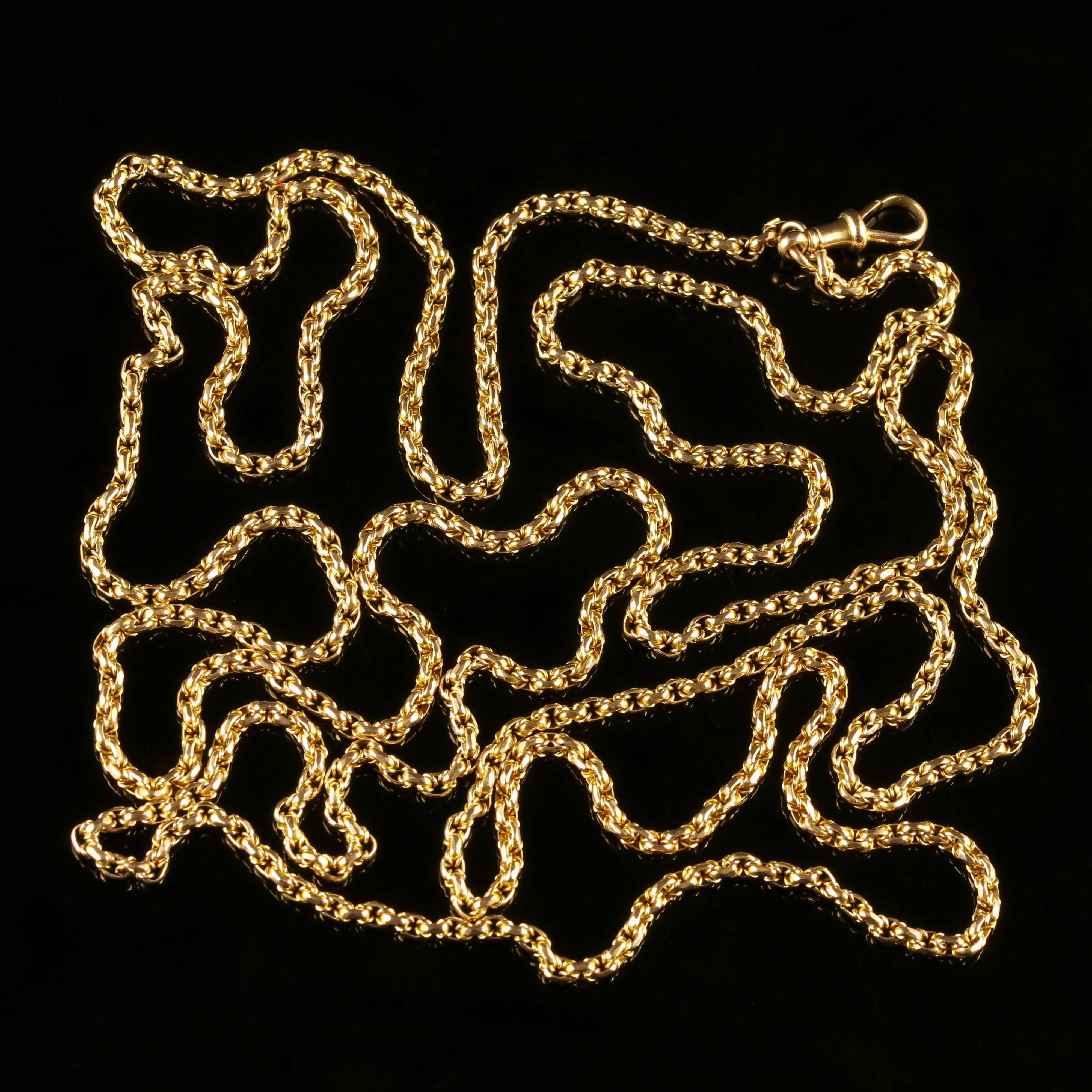 This genuine Victorian long solid Gold guard chain is fabulous.

A genuine Victorian piece, Circa 1900.

These used to be known as muff chains which were a long chain worn around the neck and fastened to a Muff - a cylinder of fur used to keep the