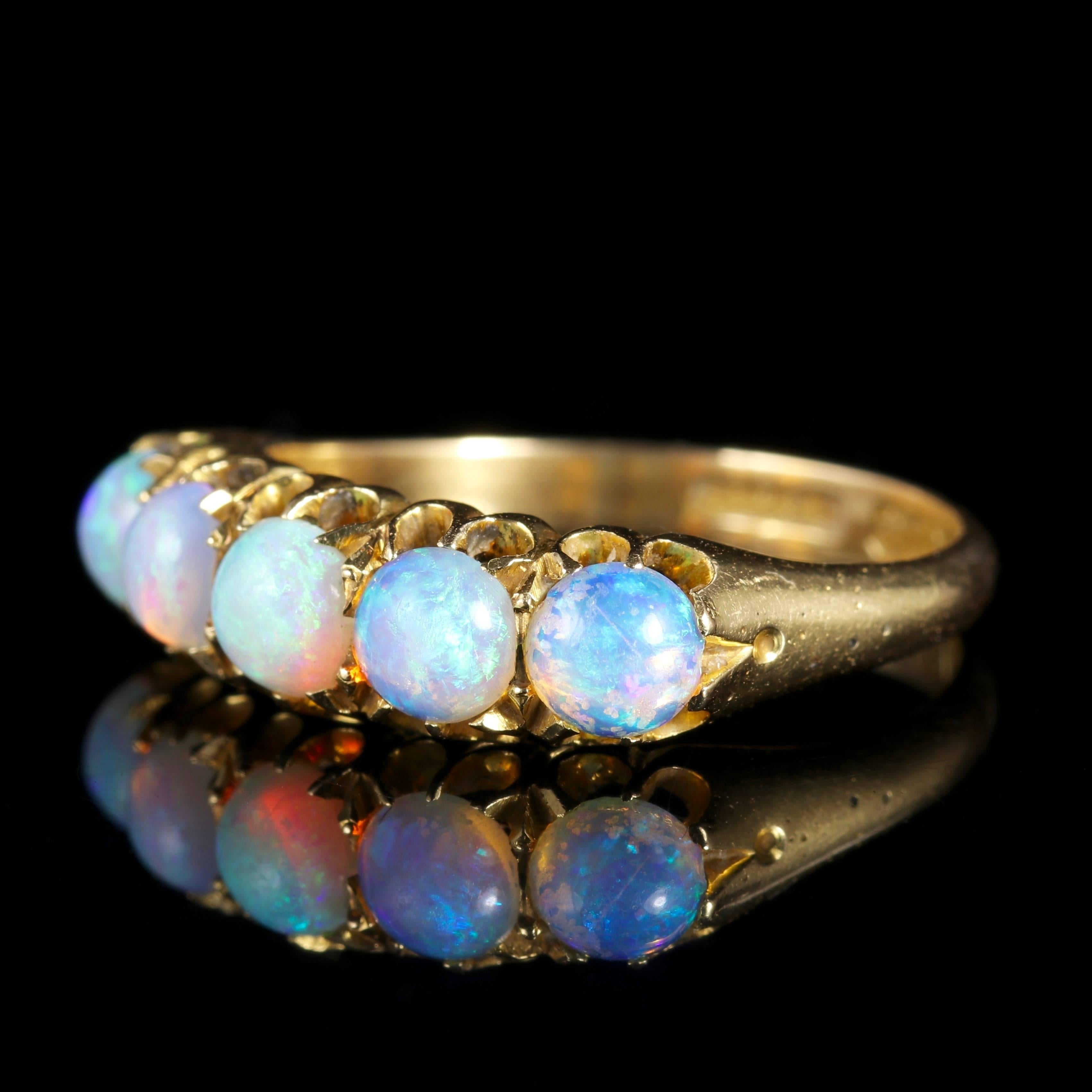 This fabulous antique 18ct Yellow Gold ring is set with five stunning natural Opals.

The ring is genuine Victorian leaning into Edwardian and fully hallmarked Birmingham 1901. 

The lovely natural Opal is a kaleidoscope of rainbow colours