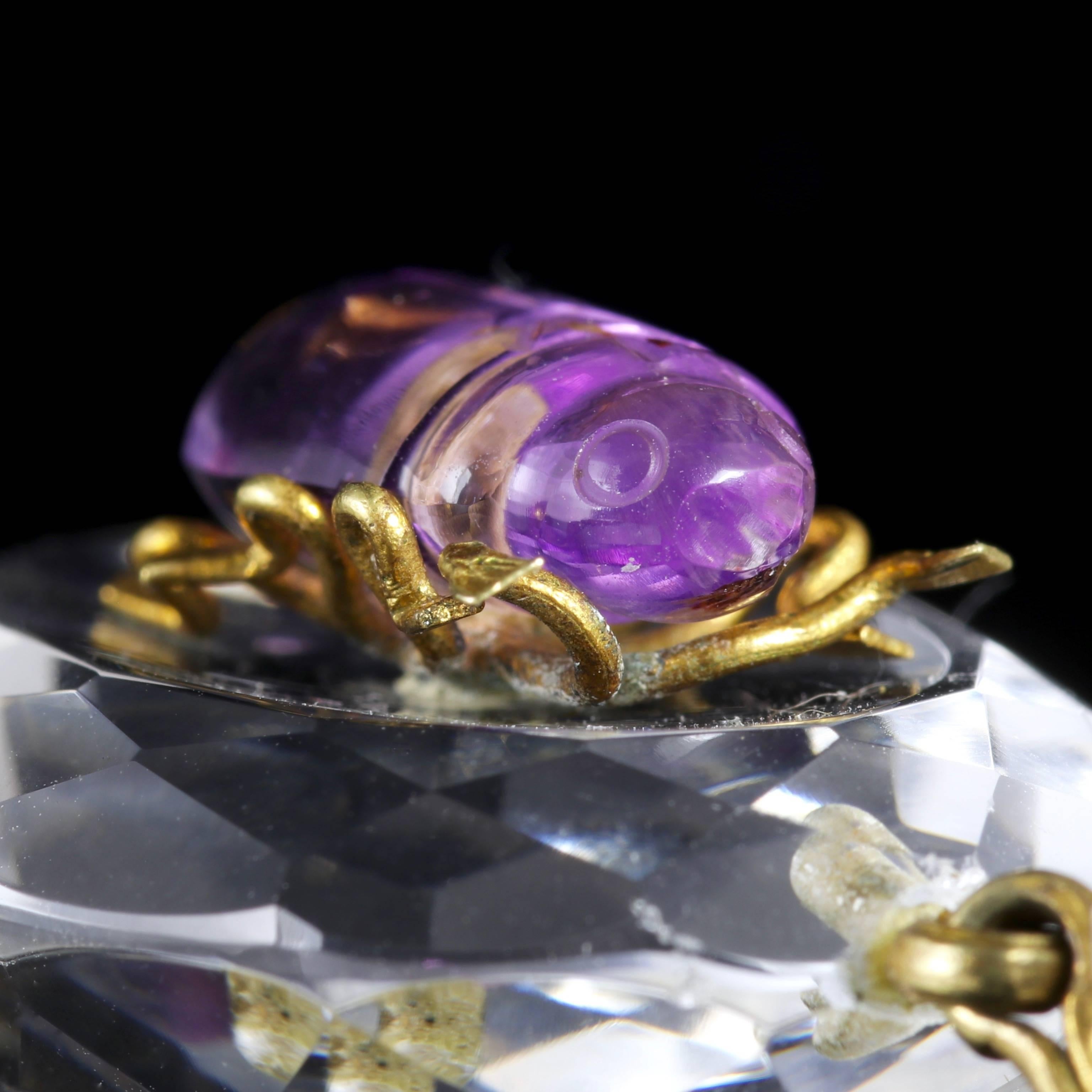 Antique Victorian Rock Crystal Amethyst Bug Gold Pendant For Sale 3