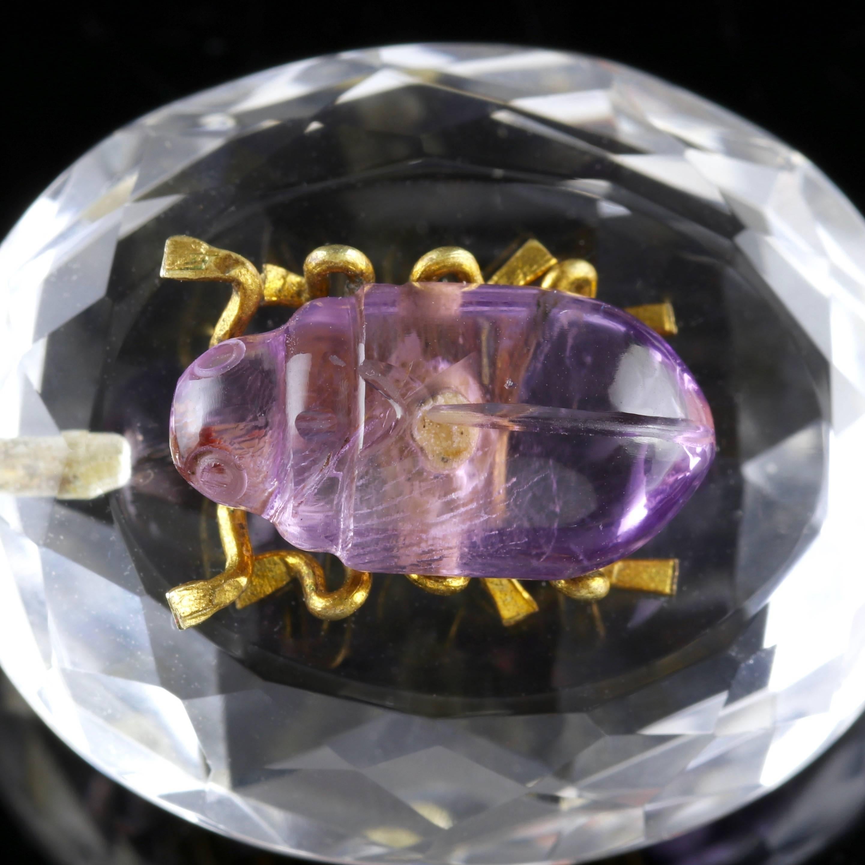 Antique Victorian Rock Crystal Amethyst Bug Gold Pendant In Excellent Condition For Sale In Lancaster, Lancashire