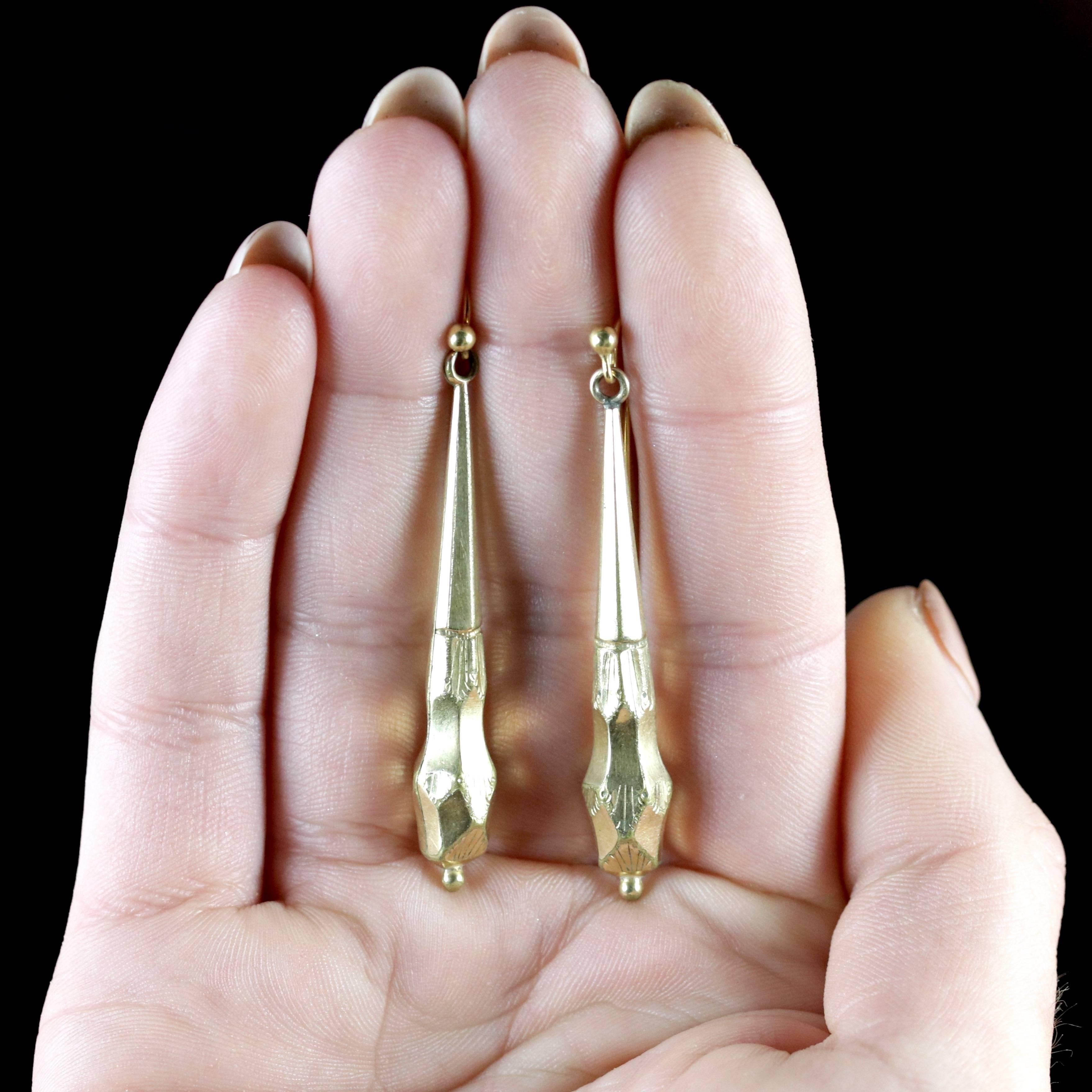 Antique Victorian Long Gold Gilt Earrings, circa 1900 3