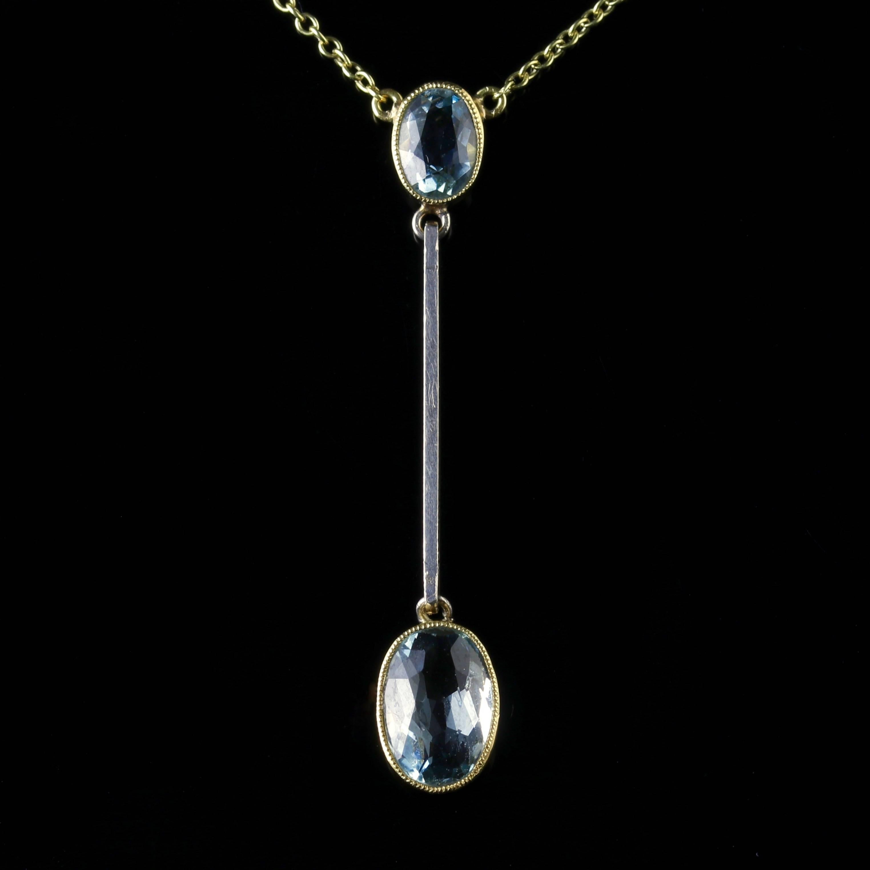 This beautiful 15ct Yellow Gold Aquamarine double drop pendant on a chain is stunning.

Genuine Edwardian, Circa 1910.

The bottom Aquamarine is just over 2.50ct with a smaller Aqua at the top.

The sky blue of the Aquamarine makes it one of the