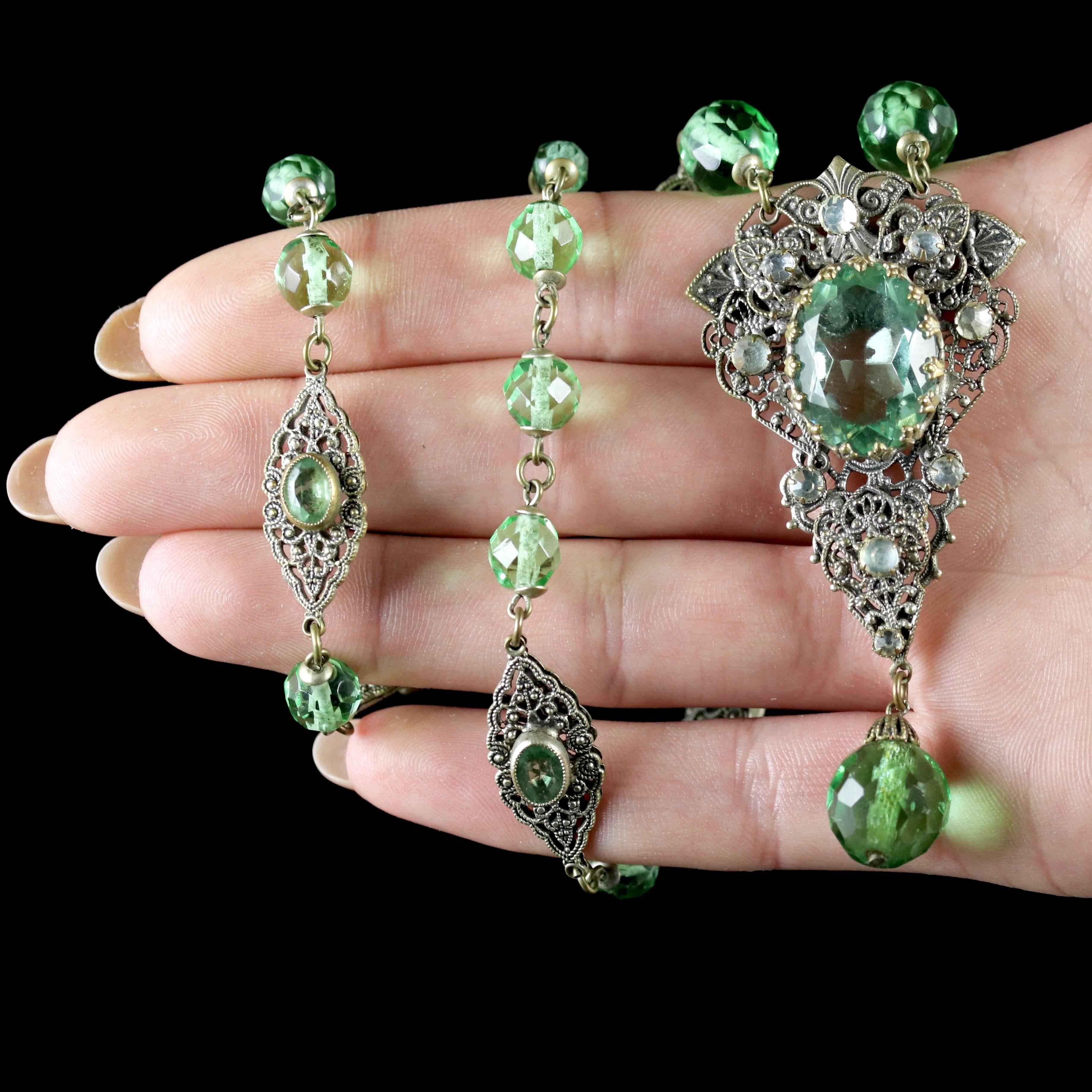 Antique Victorian Green Paste Necklace Filigree, 1900 For Sale 3