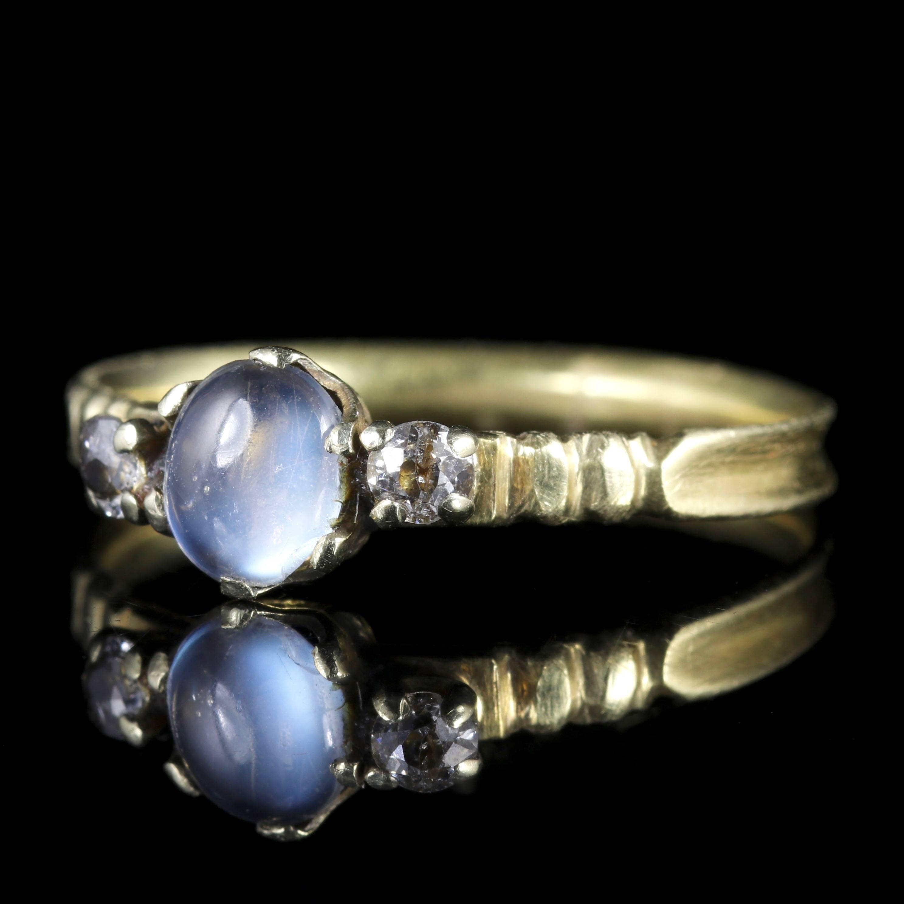 This fabulous Georgian Moonstone Diamond ring is set with a trilogy of gemstones. 

Trilogy means past, present and future Or those 3 little words- I love you.

Set with a beautiful ghostly Moonstone in the centre and Georgian Diamonds either
