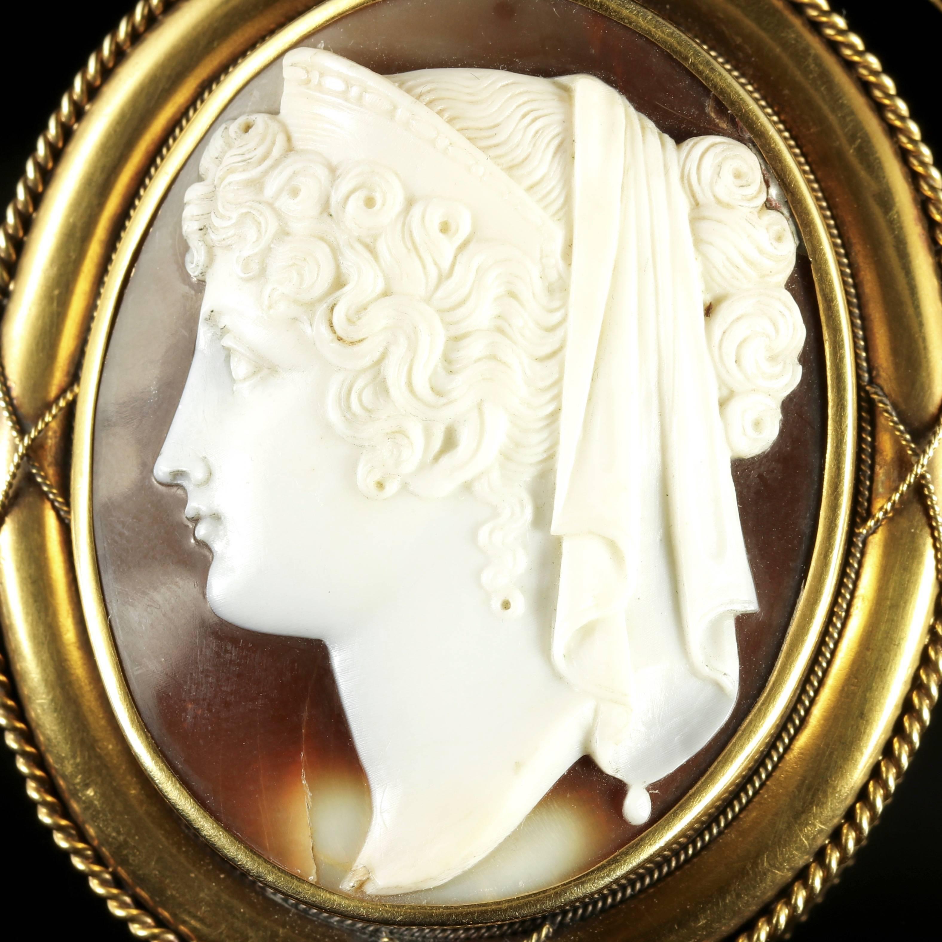 This large fabulous hand carved Cameo brooch is set in 15ct Solid Gold.

Genuine Victorian, Circa 1860.

The beautifully detailed profile carving depicts a very graceful lady and boasts high relief workmanship. 

The Shell is two toned in colour and