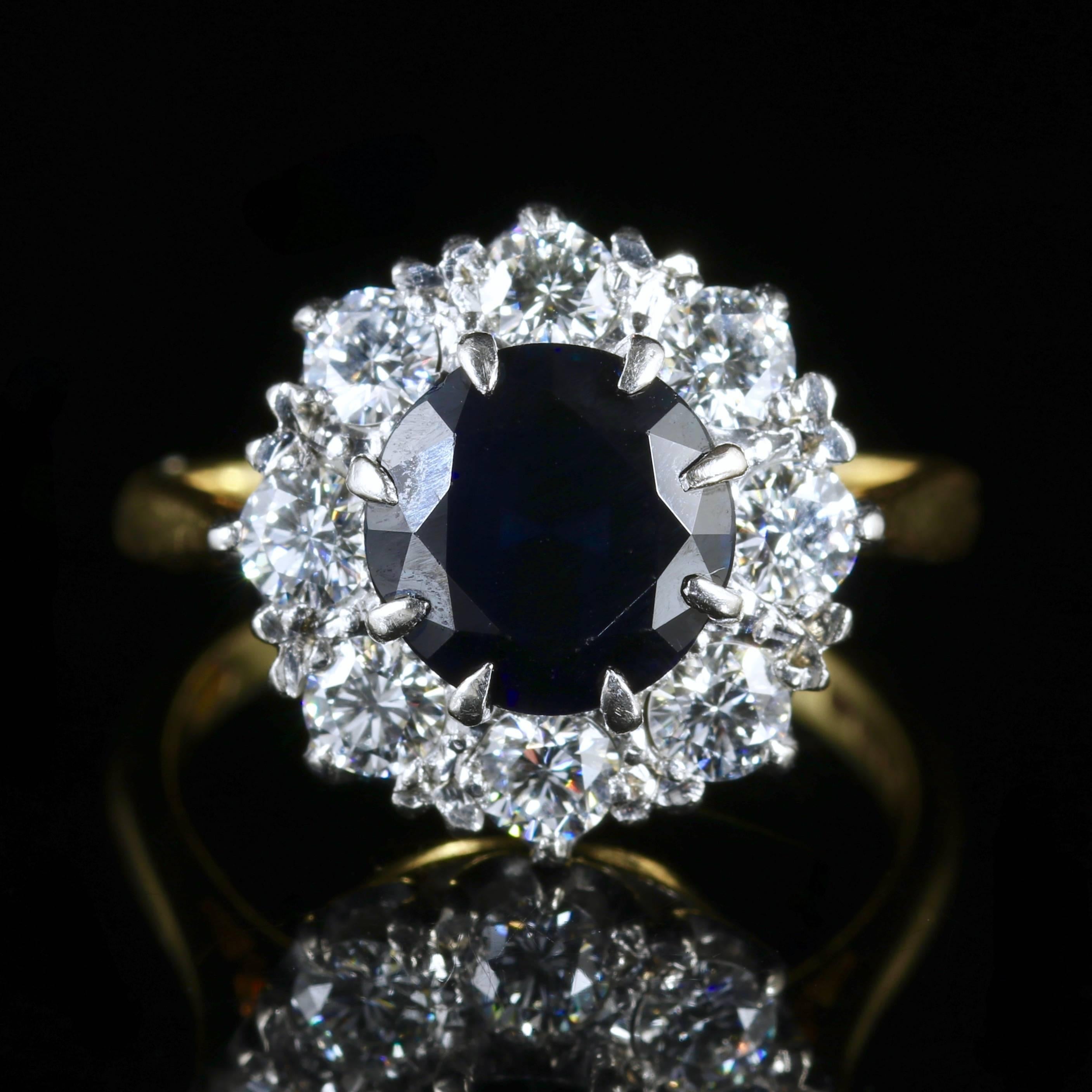 This fabulous pre owned ring is outstanding, set with the most beautiful dark blue Sapphire and excellent quality Diamonds.

The beautiful deep blue Sapphire is 2.50ct in size. 

Sapphire is the symbol of feelings of sympathy, harmony friendship and