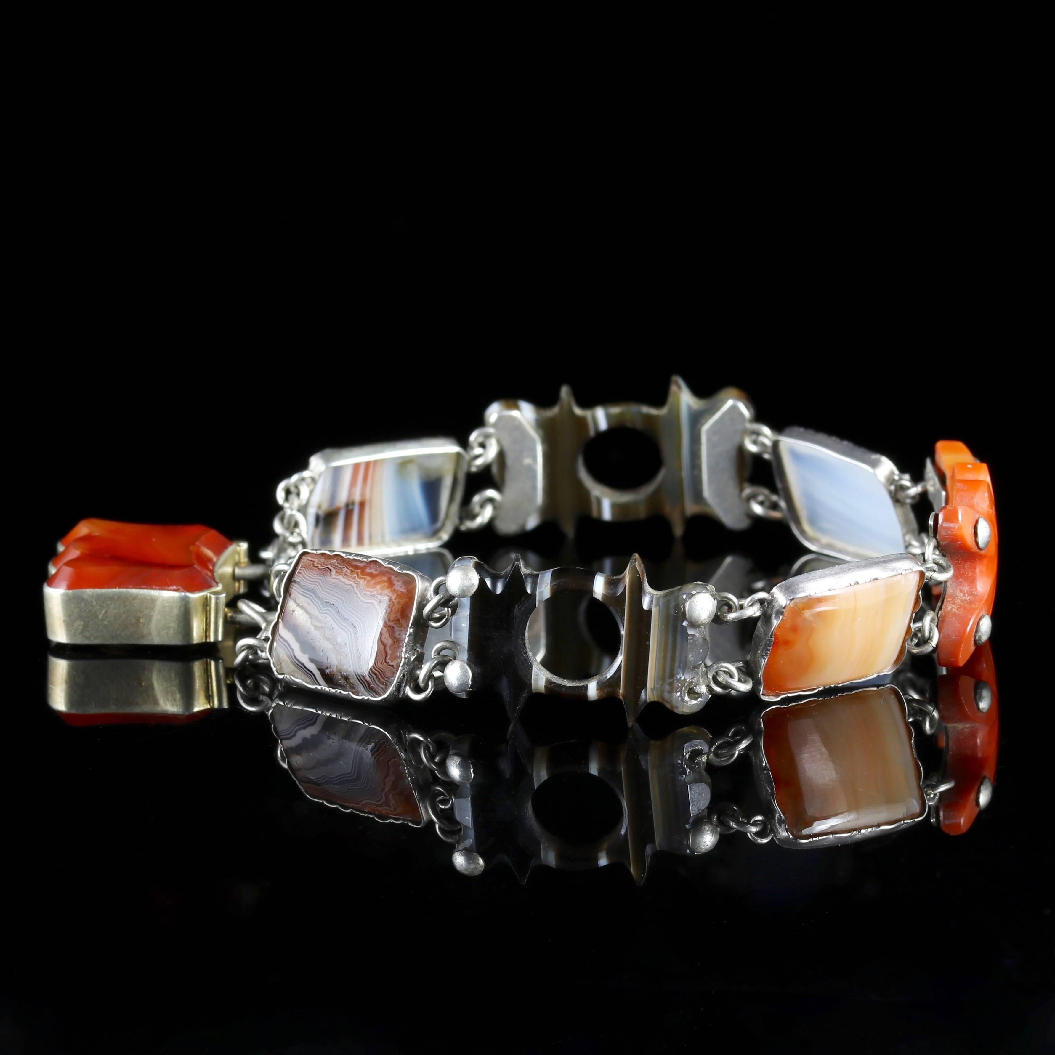 This fabulous Victorian Sterling Silver Scottish Agate bracelet is Circa 1860.

Scottish jewellery was made popular by Queen Victoria as it became a souvenir of her trips to Scotland. 

From the mid 1800's Queen Victoria frequented Scotland and her