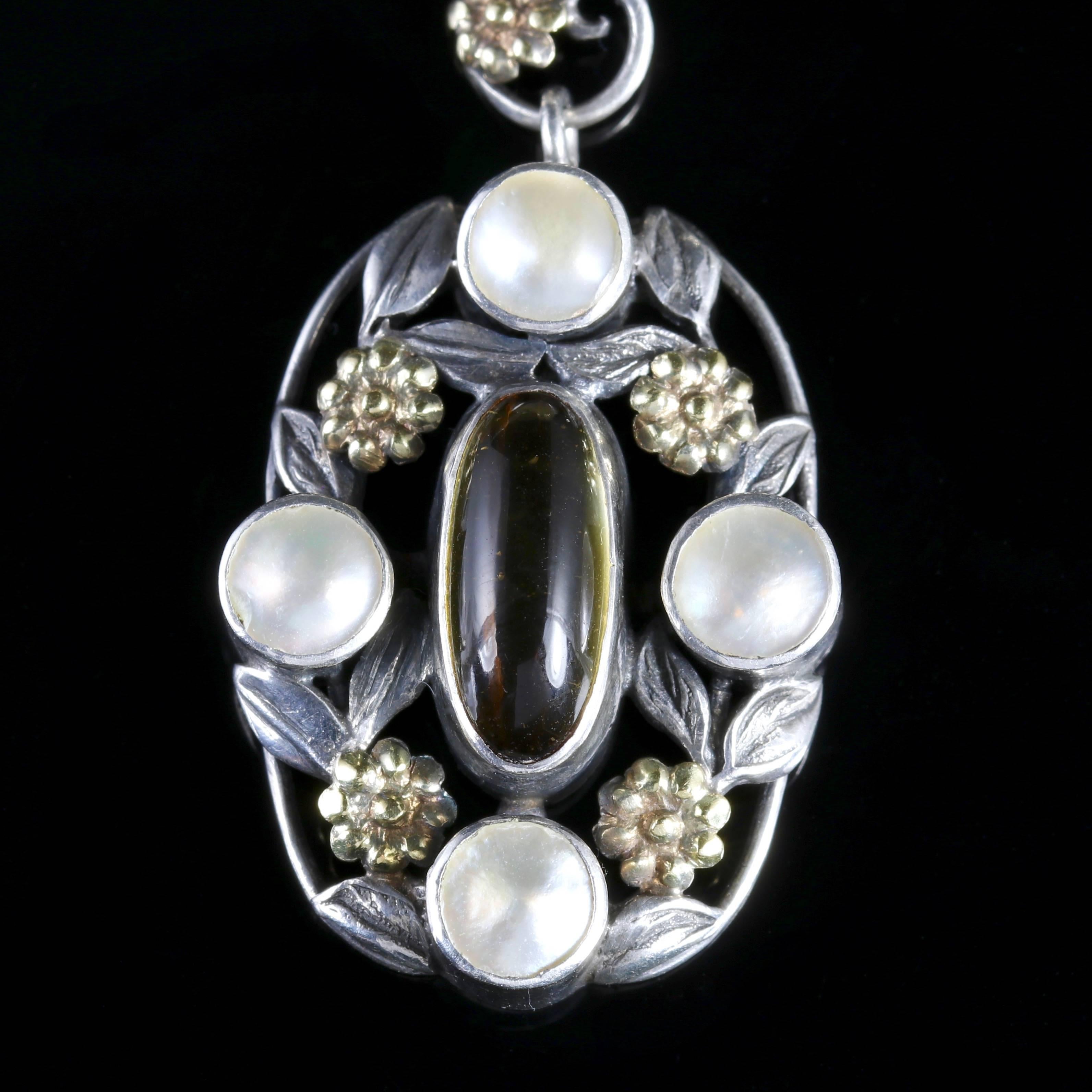 Arts and Crafts Arts Crafts Silver Blister Pearl Citrine Pendant Necklace, circa 1900