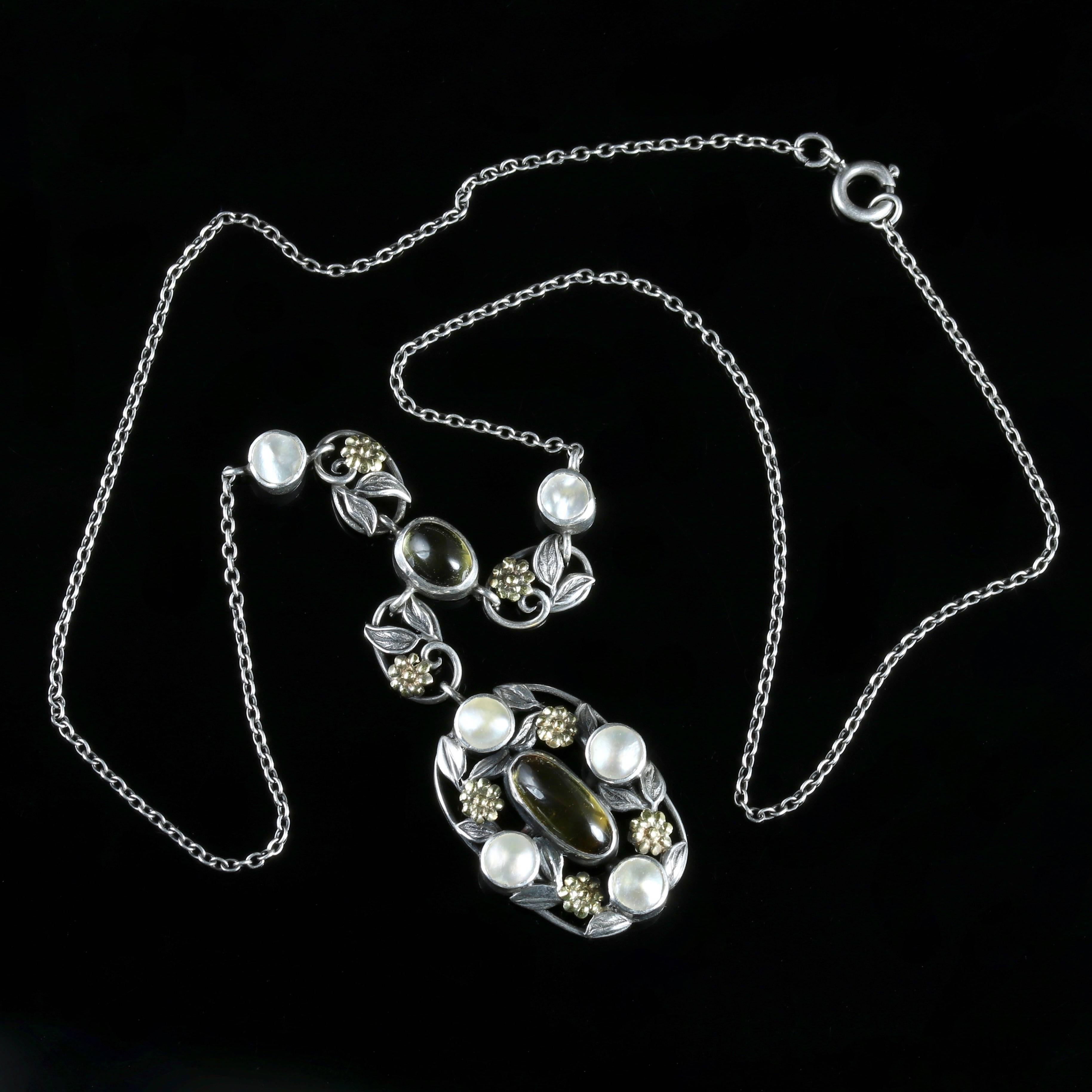 Arts Crafts Silver Blister Pearl Citrine Pendant Necklace, circa 1900 3
