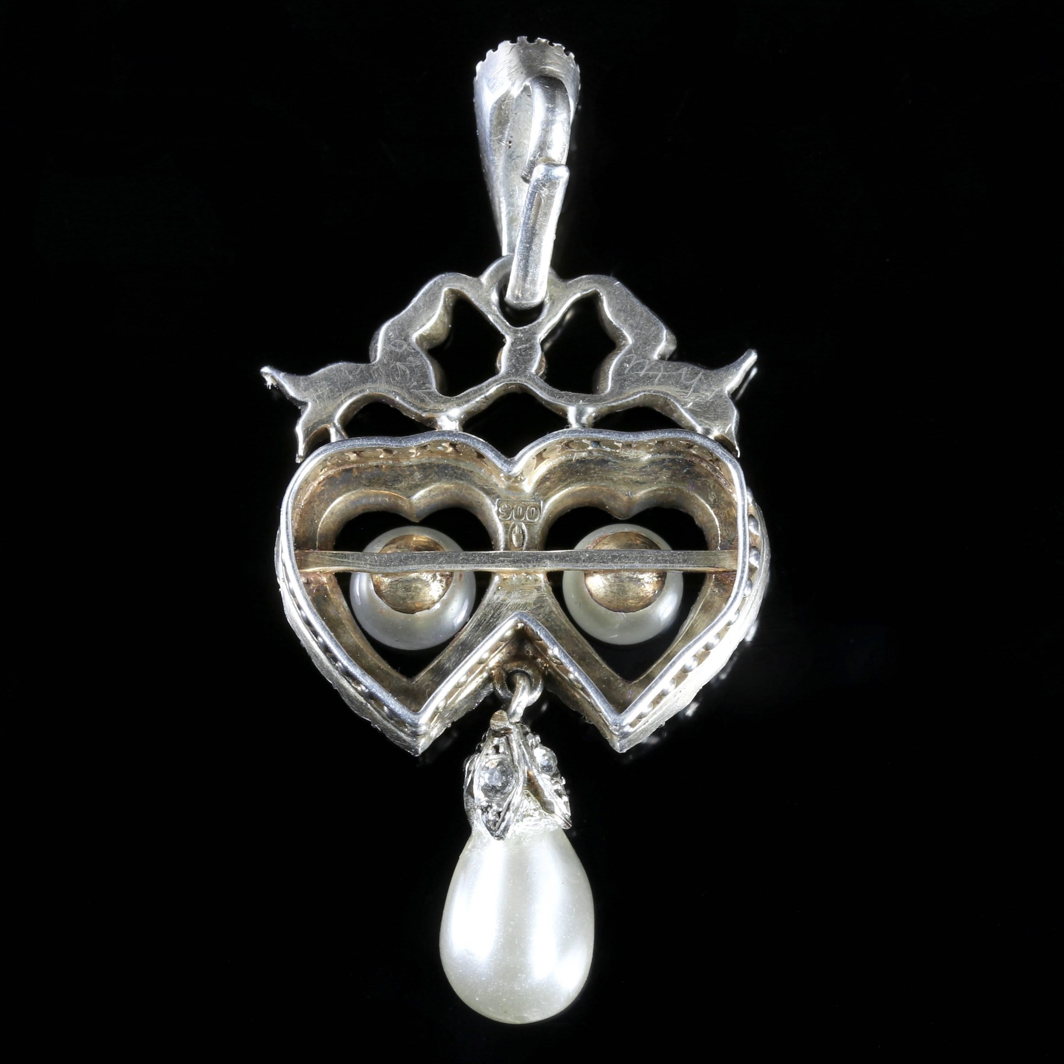 Antique Edwardian Silver Pearl Paste Double Heart Pendant 3