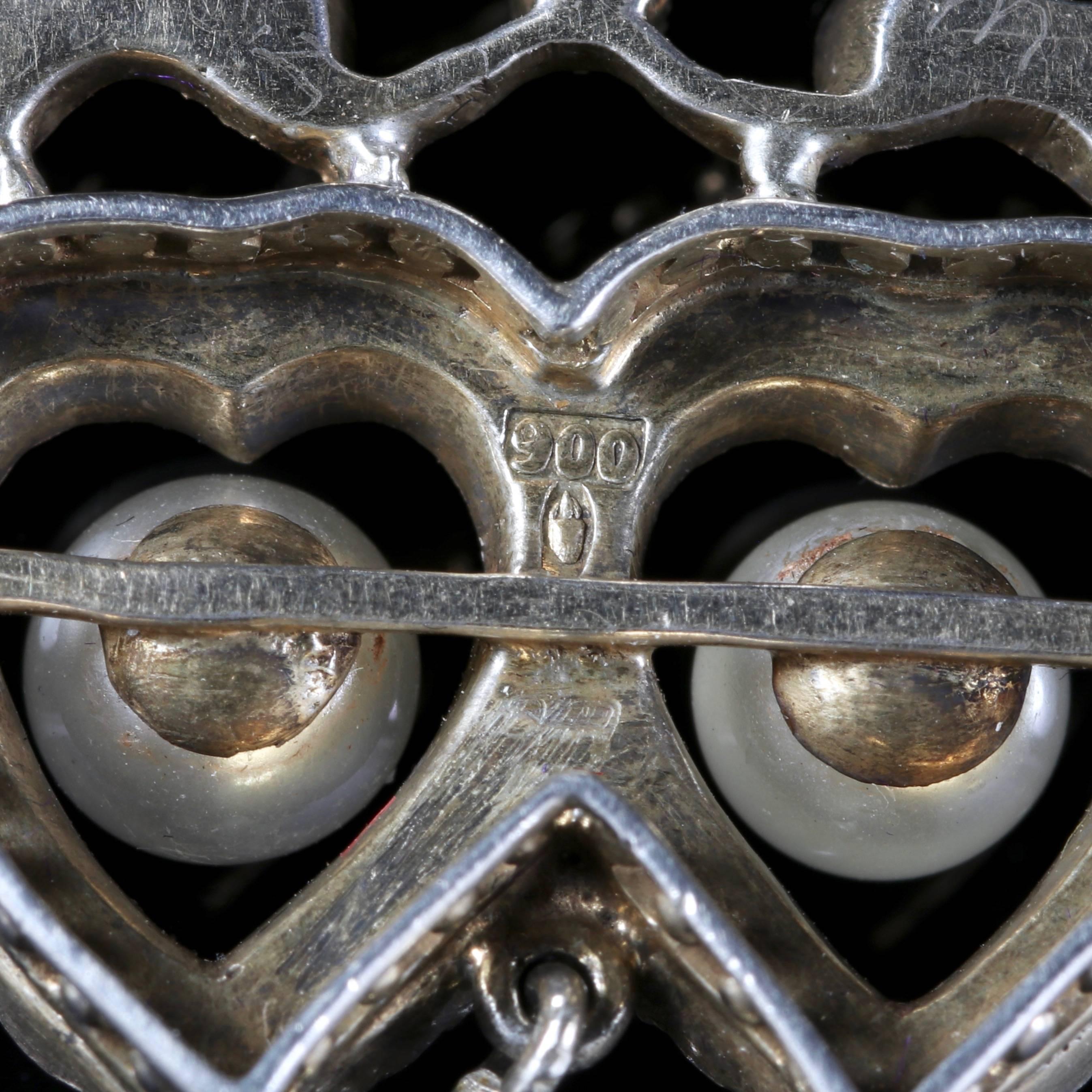 Antique Edwardian Silver Pearl Paste Double Heart Pendant 4