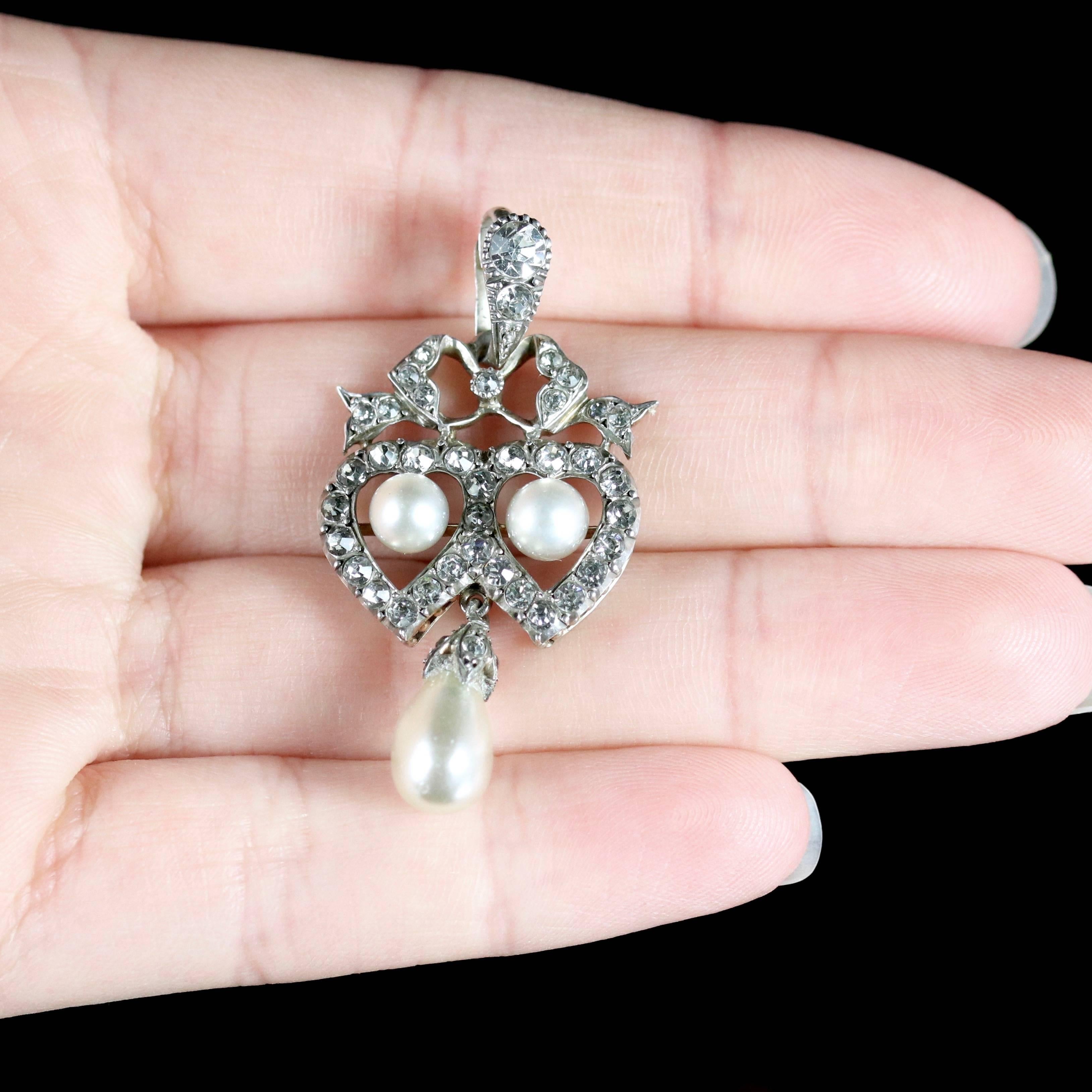 Antique Edwardian Silver Pearl Paste Double Heart Pendant 5