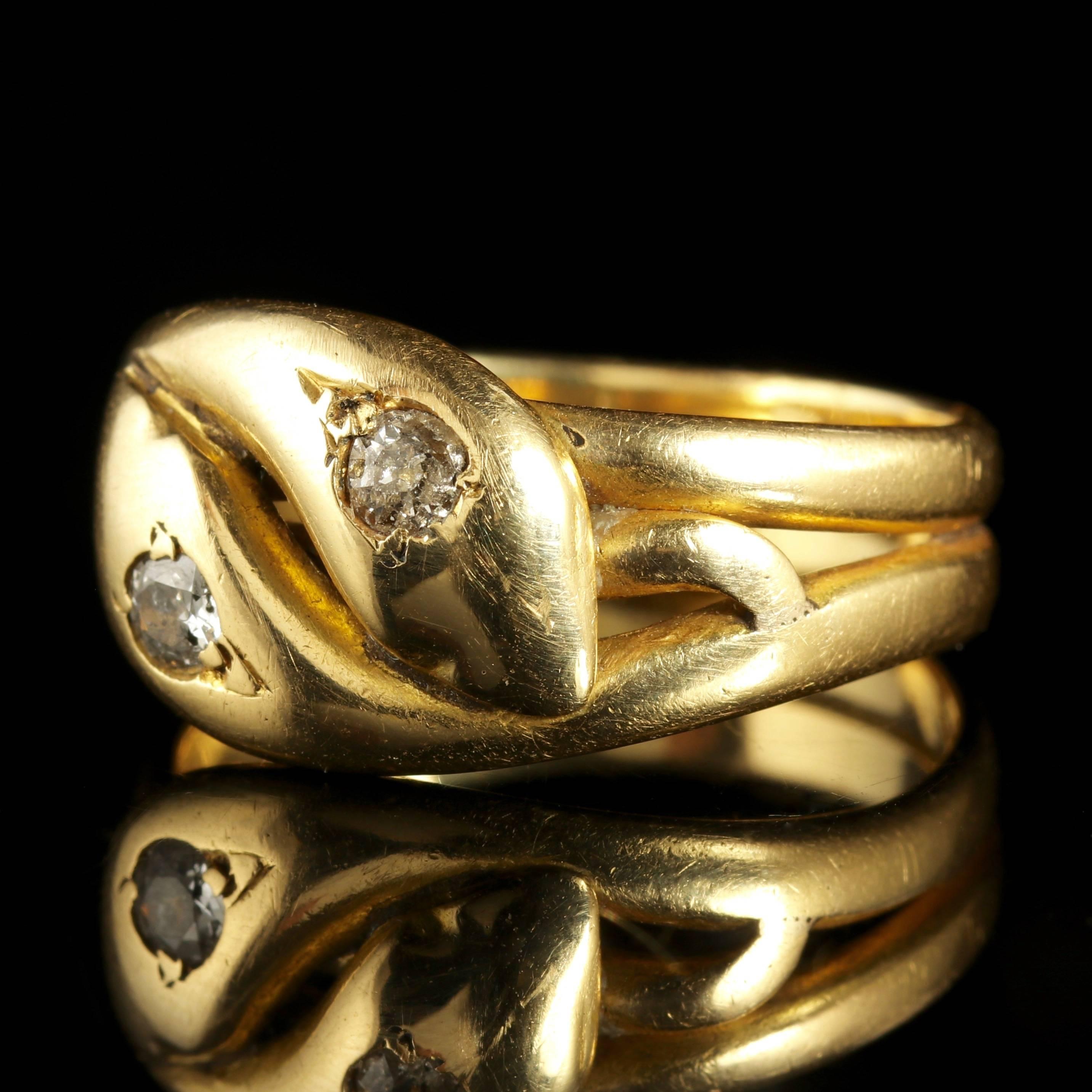 This fabulous 18ct Yellow Gold Victorian snake ring is fully hallmarked London 1898.

Serpent jewellery became popular during the early years of Queen Victoria’s reign coinciding with the full flowering of the Romantic Movement. 

Serpents represent