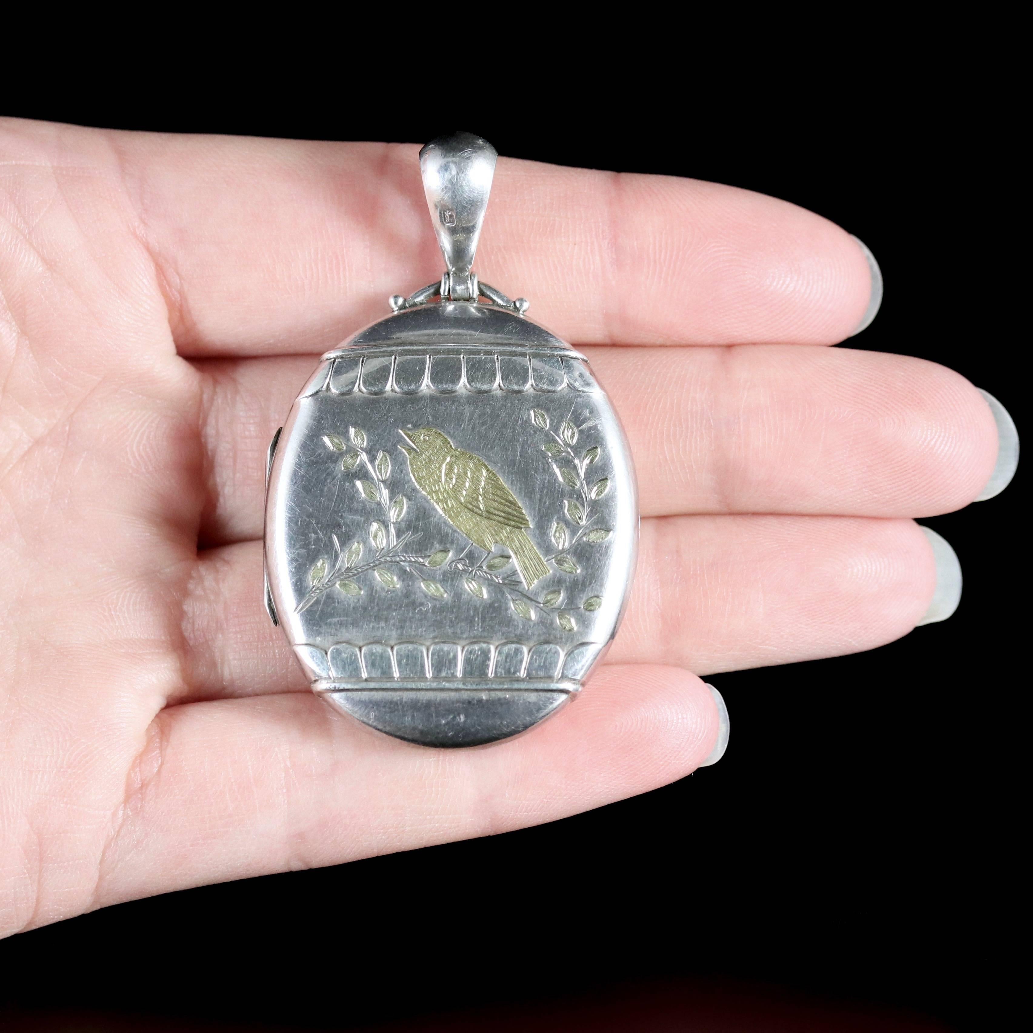 Antique Victorian Large Silver Locket with Gold Bird Dated 1876 5
