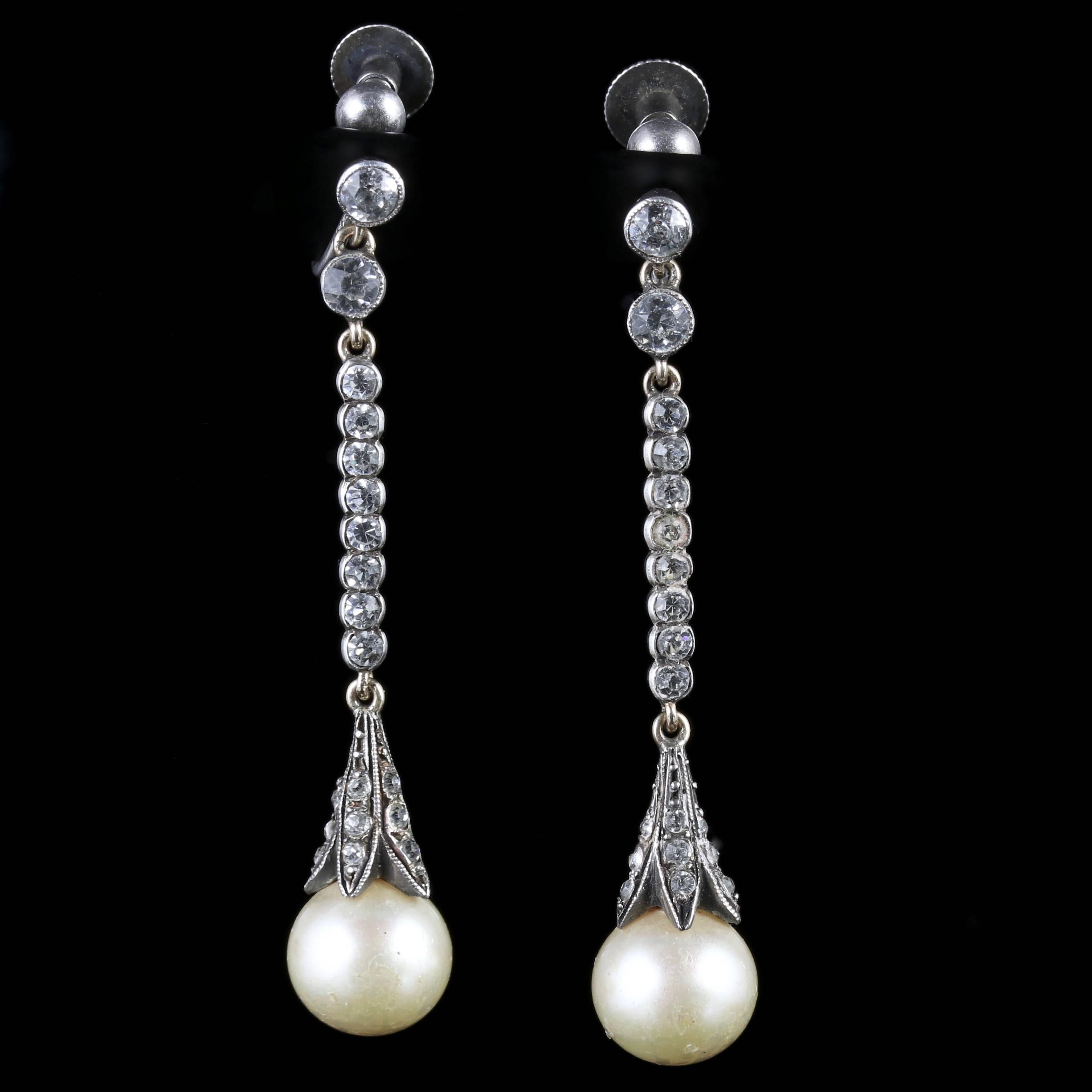 Antique Edwardian Long Sterling Silver Paste Pearl Earrings 4