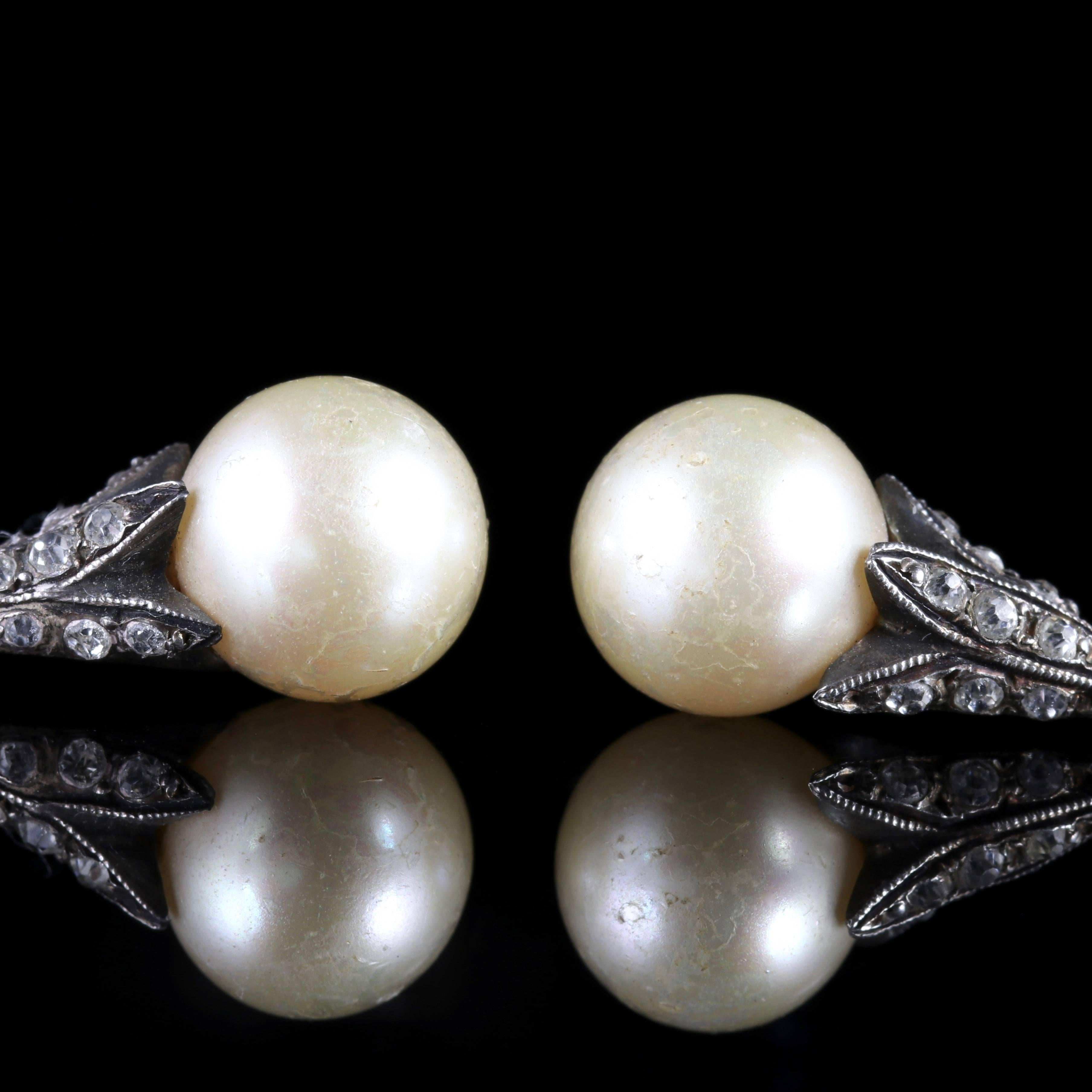 Women's Antique Edwardian Long Sterling Silver Paste Pearl Earrings