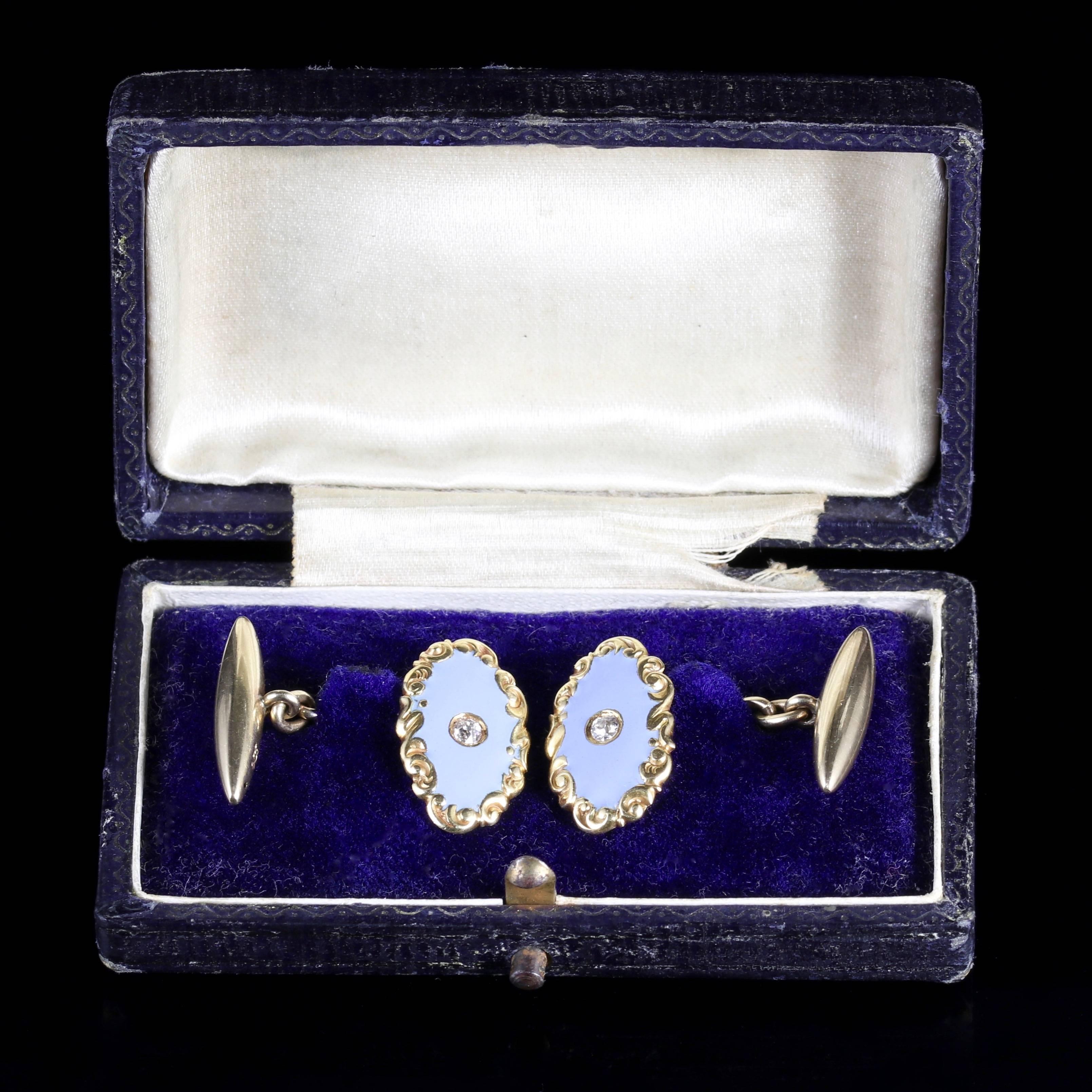 Antique Victorian Gold Enamel Diamond Cufflinks Boxed, circa 1880 5