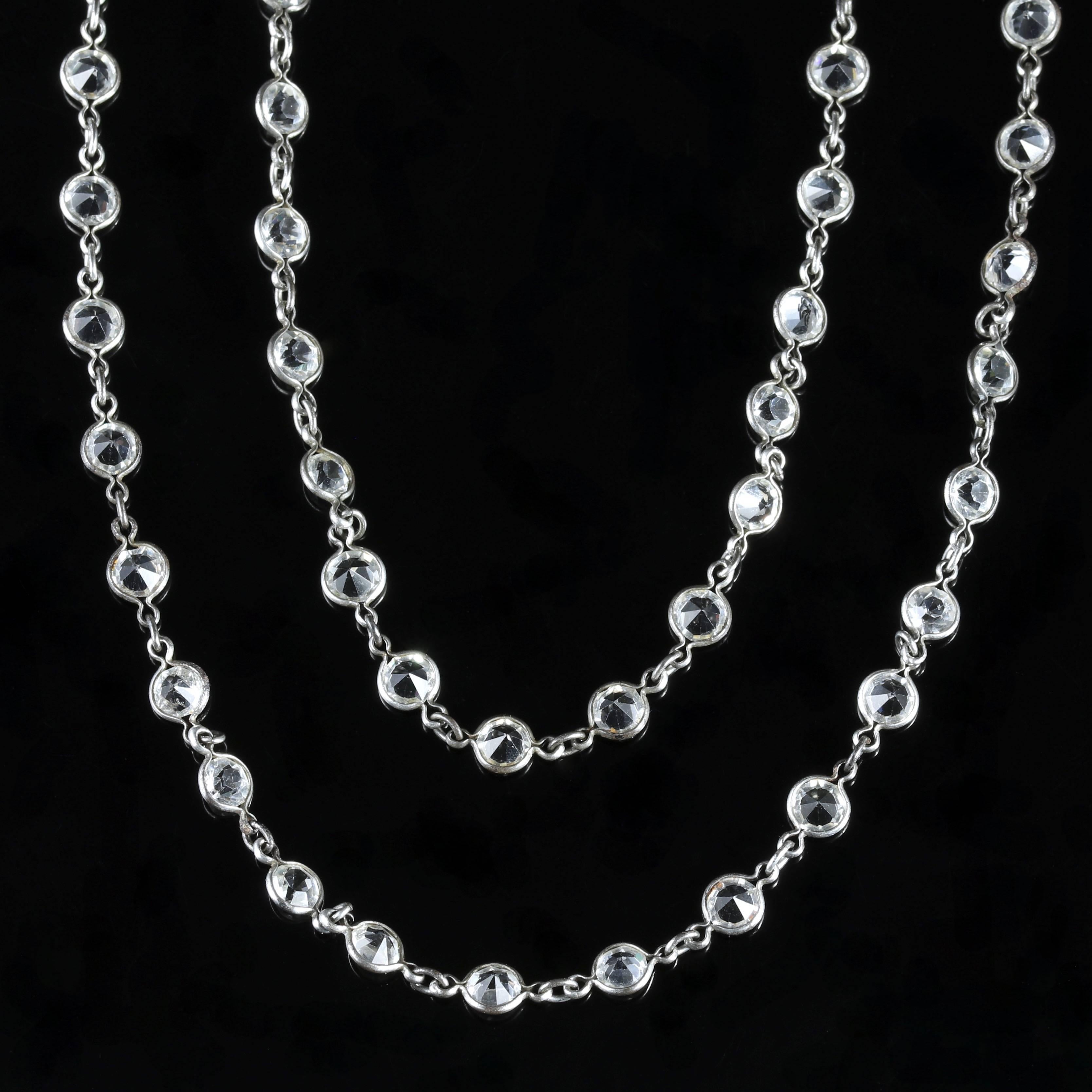 To read more please click continue reading below-

This fabulous long Sterling Silver Victorian necklace is set with old cut Paste Stones.

Genuine Victorian, Circa 1900. 

These used to be known as muff chains which were a long chain worn around