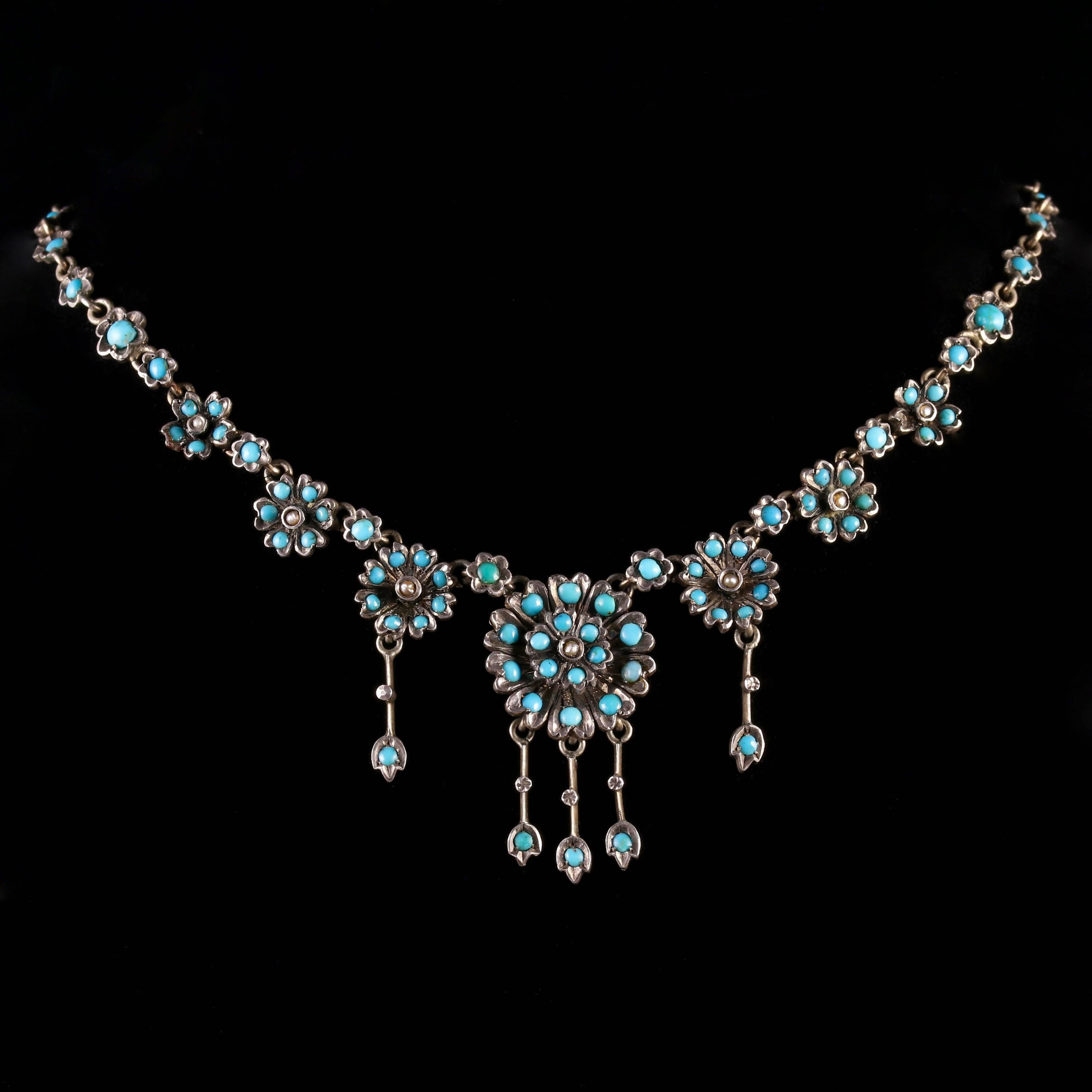 Antique Victorian Turquoise Necklace Forget Me Not, circa 1880 For Sale 5