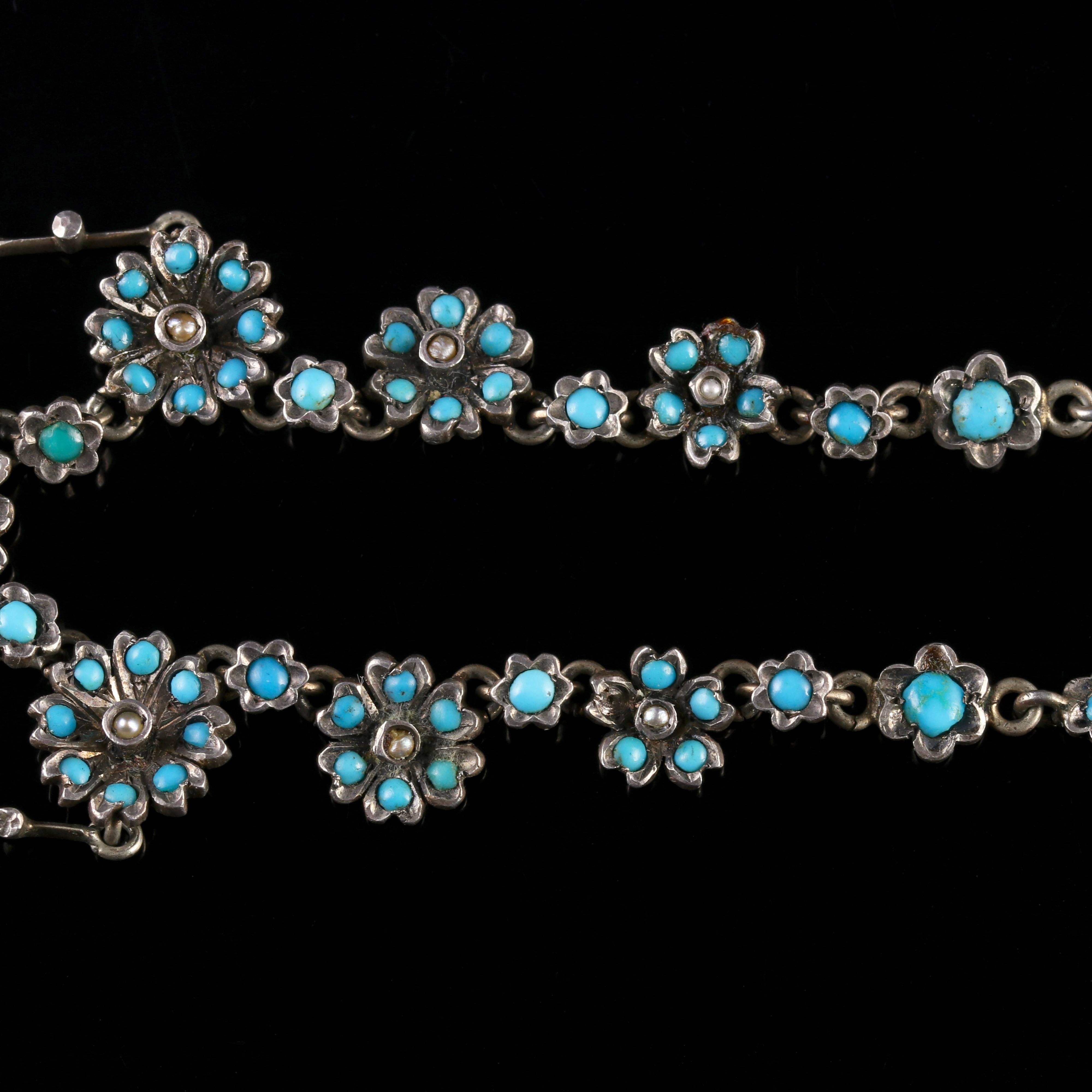 Antique Victorian Turquoise Necklace Forget Me Not, circa 1880 For Sale 2