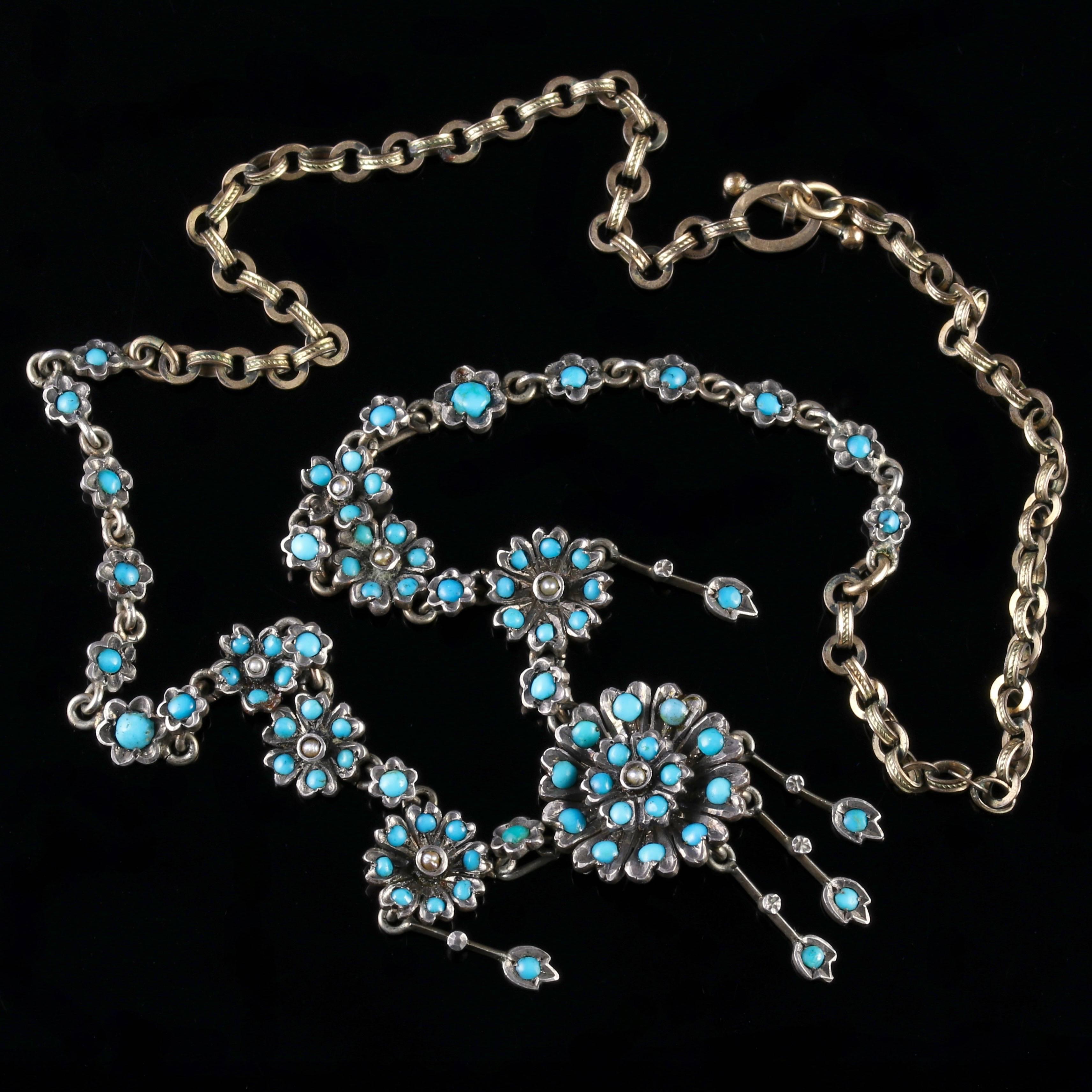 Women's Antique Victorian Turquoise Necklace Forget Me Not, circa 1880 For Sale