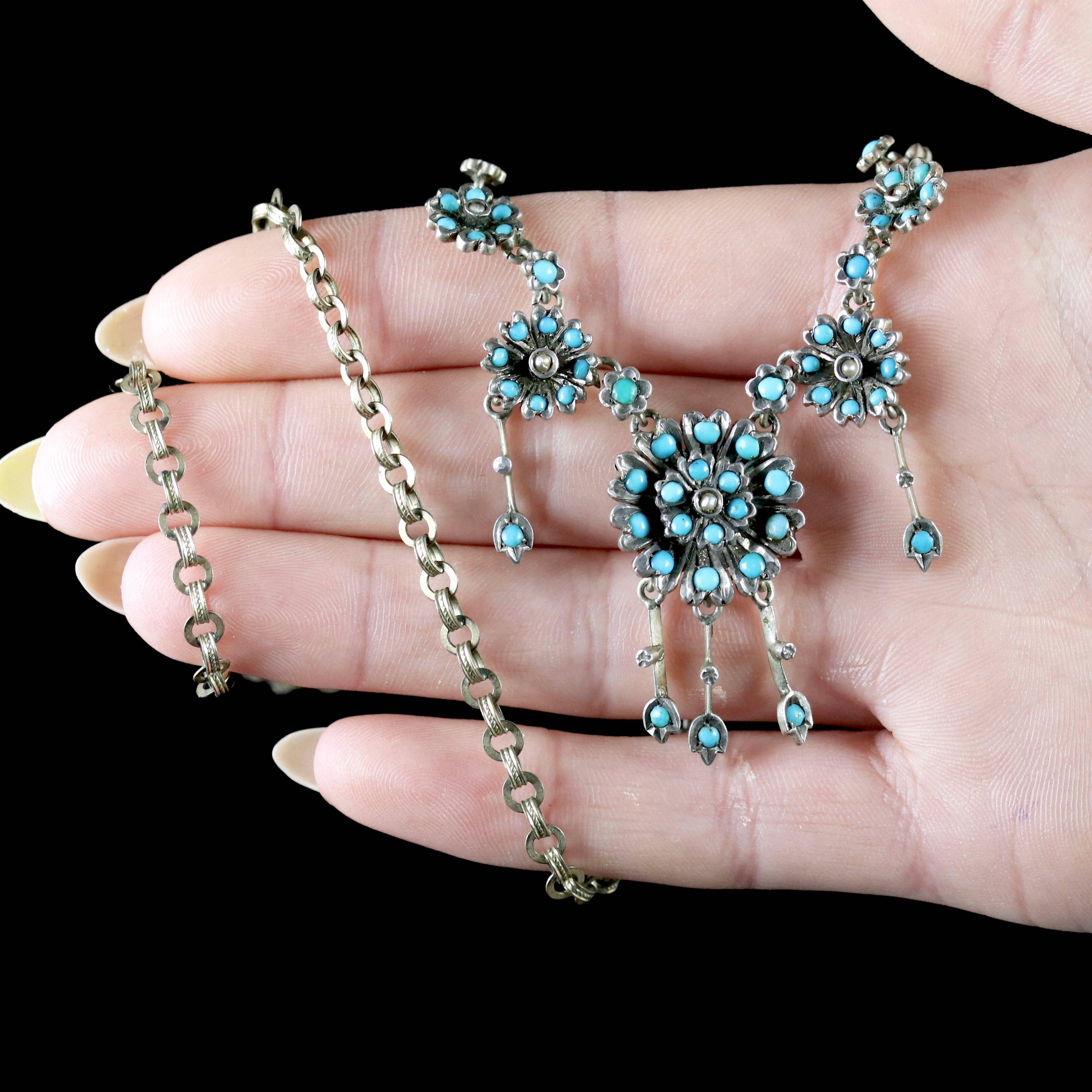 Antique Victorian Turquoise Necklace Forget Me Not, circa 1880 For Sale 6