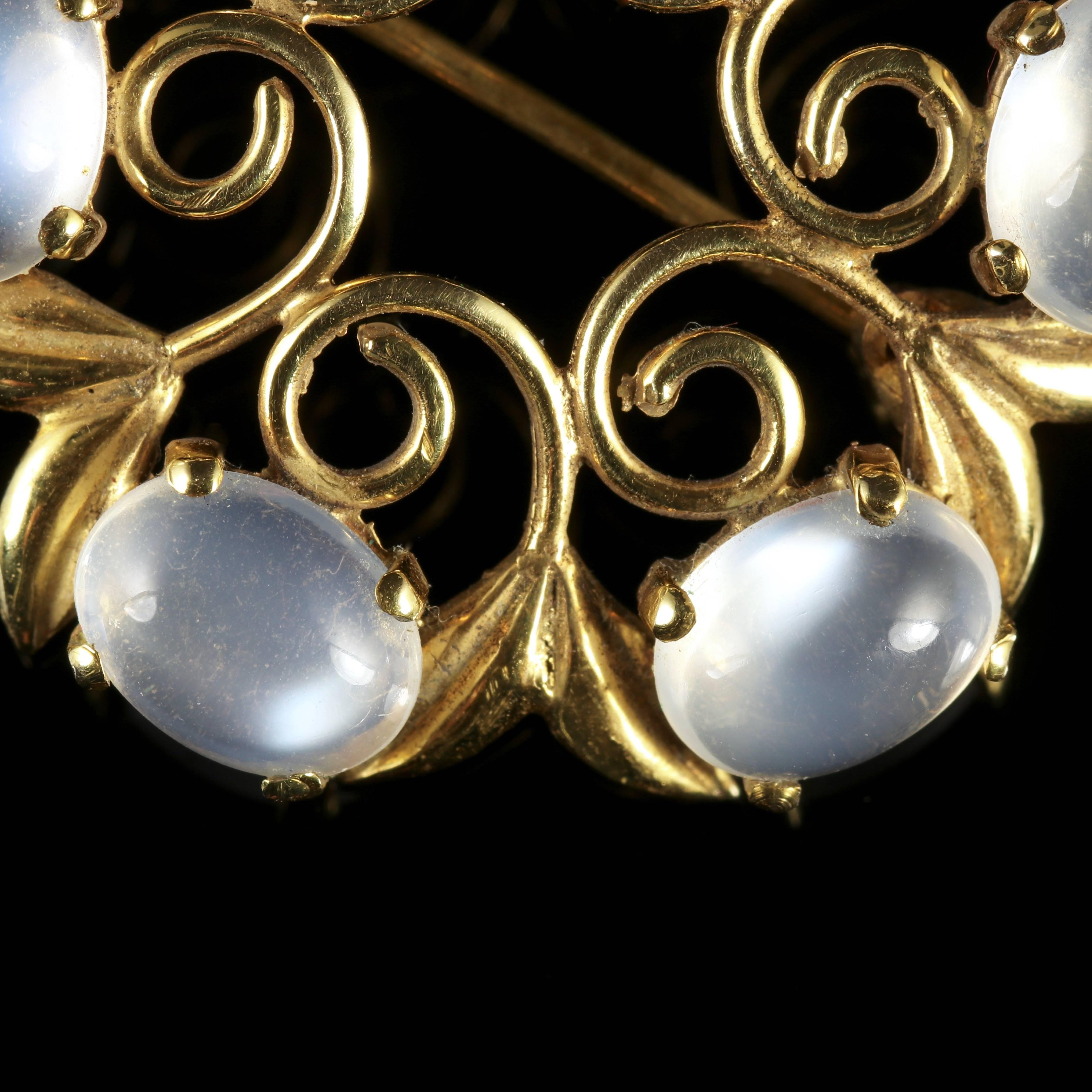 To read more please click continue reading below-

This beautiful Victorian 15ct Yellow Gold brooch is adorned with a halo of Moonstones.

The brooch is set with 6 beautiful Moonstones which are 1ct in size and have a ghostly hue with flashes of