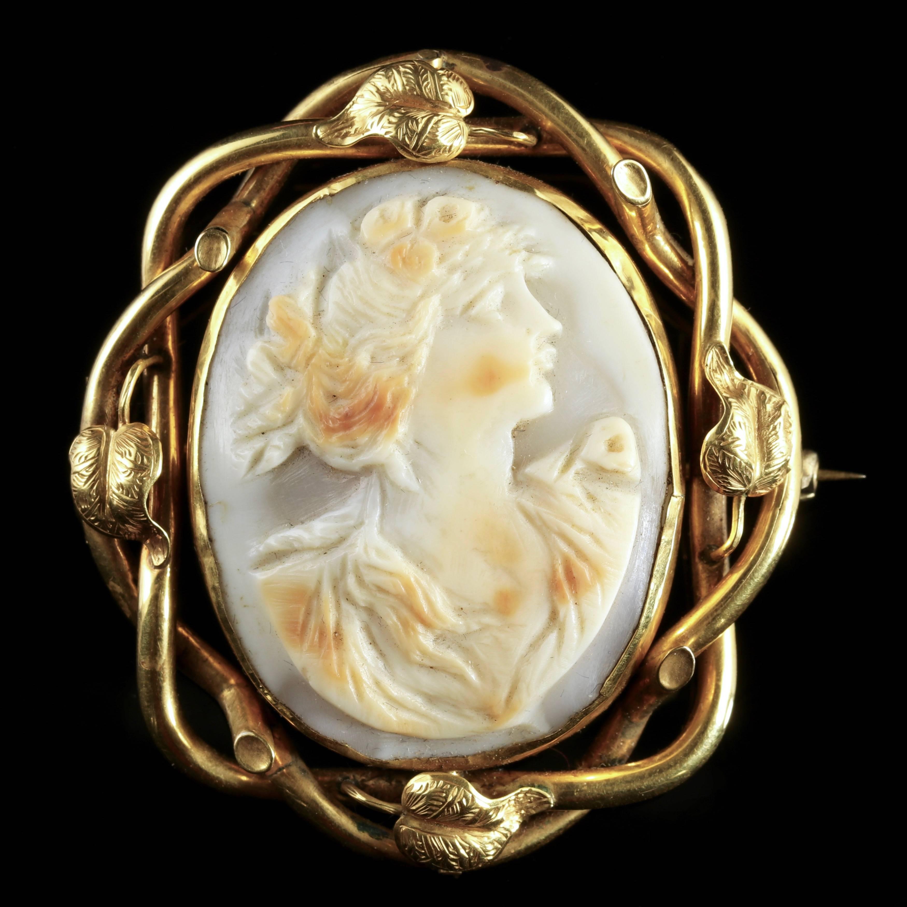 To read more please click continue reading below-

This fabulous antique Victorian hand carved Conch Shell Cameo brooch is set in a lovely 9ct Yellow Gold leaf gallery. 

The Cameo is expertly carved and extremely well executed with high relief