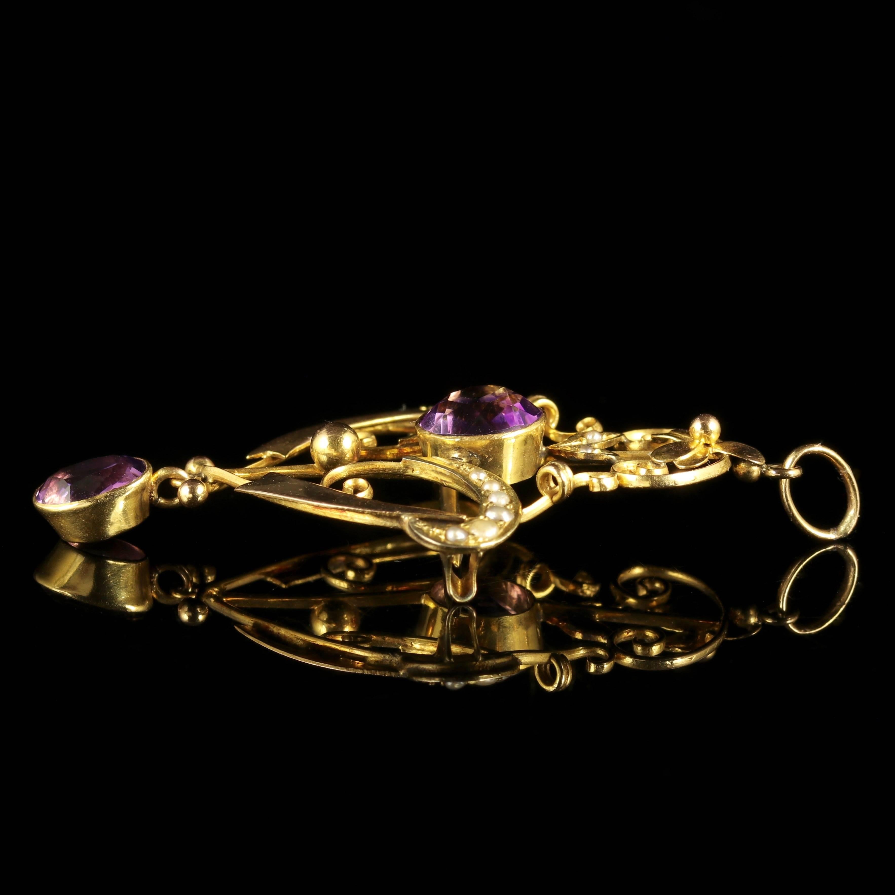 Antique Amethyst Pearl Gold Pendant Brooch, circa 1880 For Sale 1