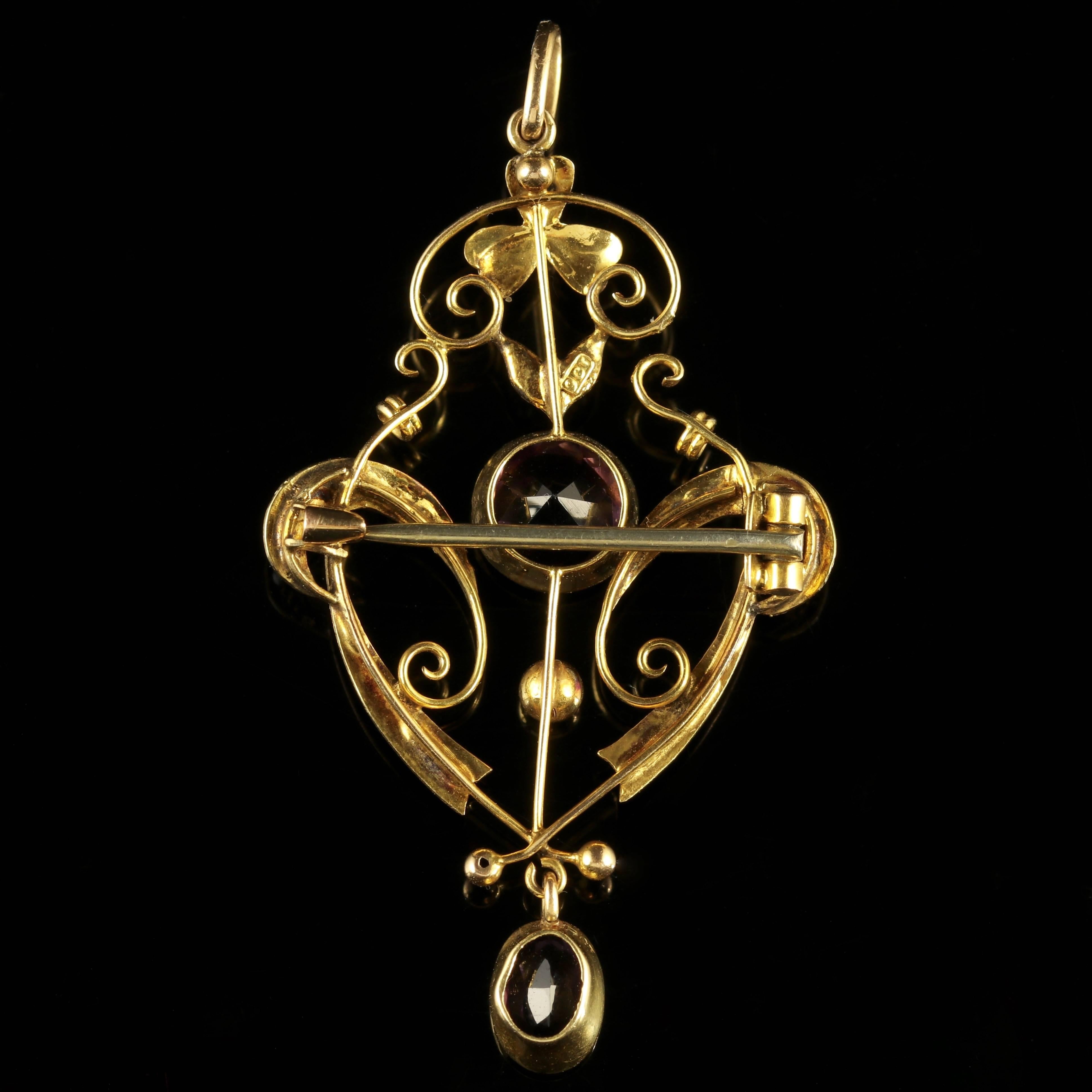 Antique Amethyst Pearl Gold Pendant Brooch, circa 1880 In Excellent Condition For Sale In Lancaster, Lancashire
