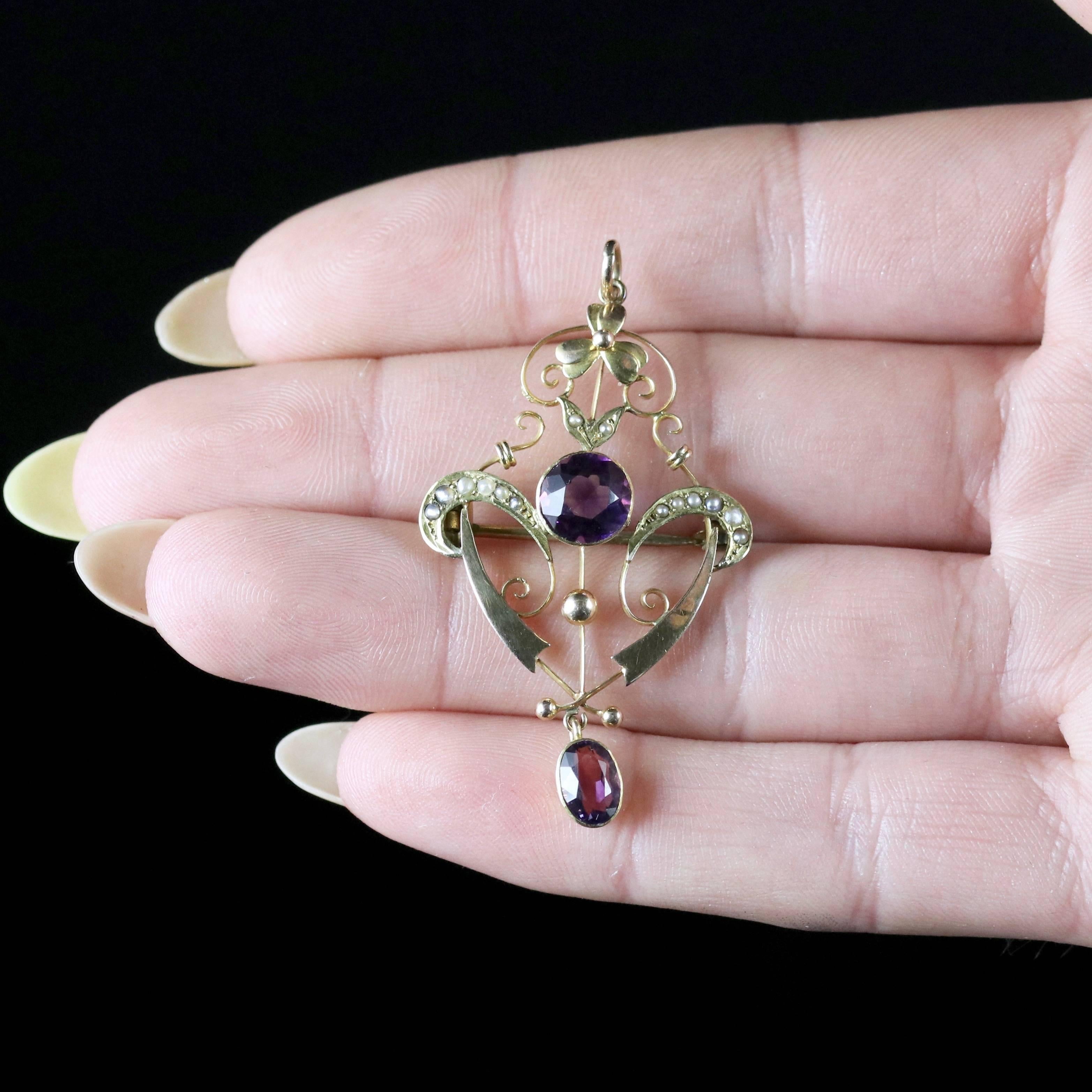 Antique Amethyst Pearl Gold Pendant Brooch, circa 1880 For Sale 3