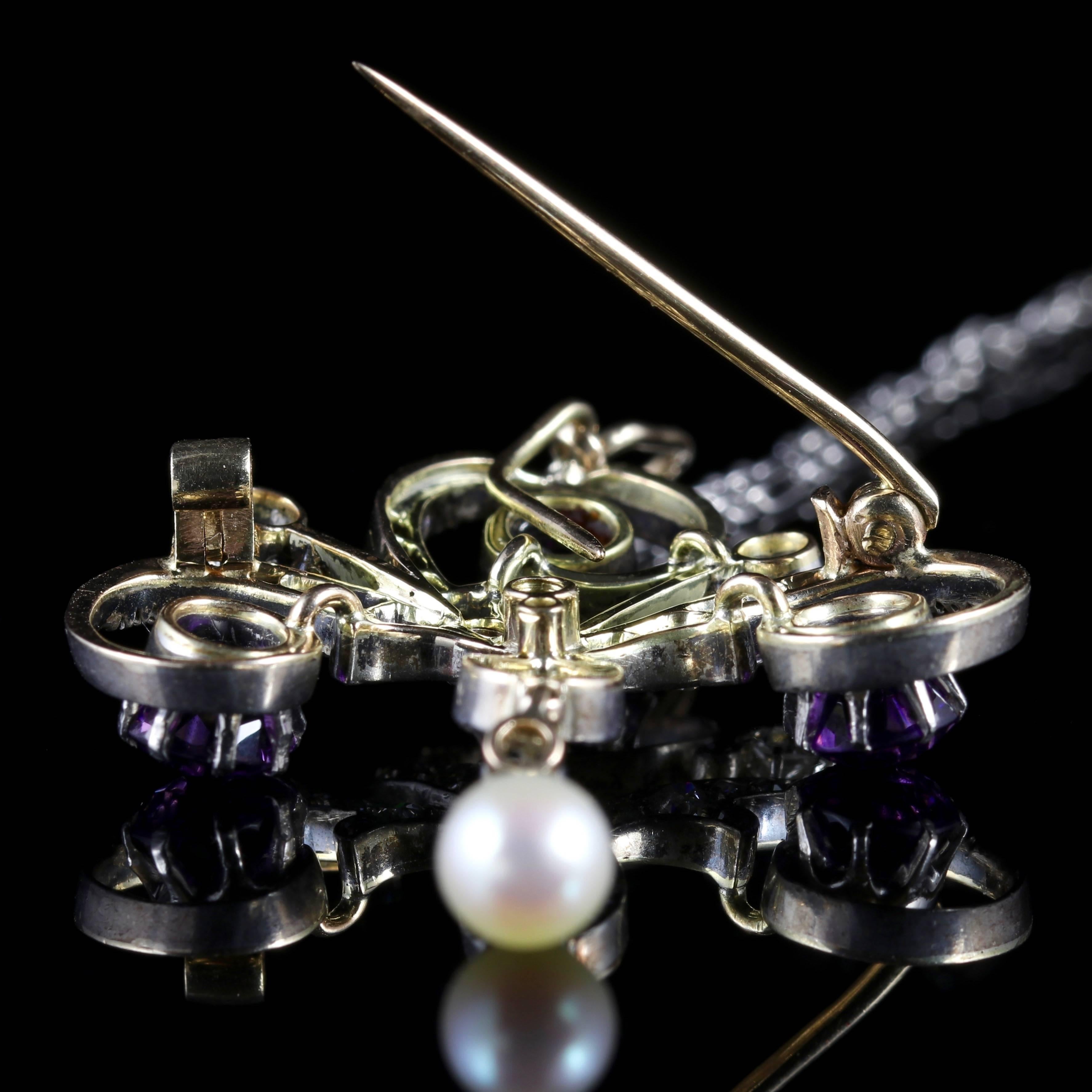 Antique Edwardian Platinum Amethyst Diamond Pendant Necklace 3