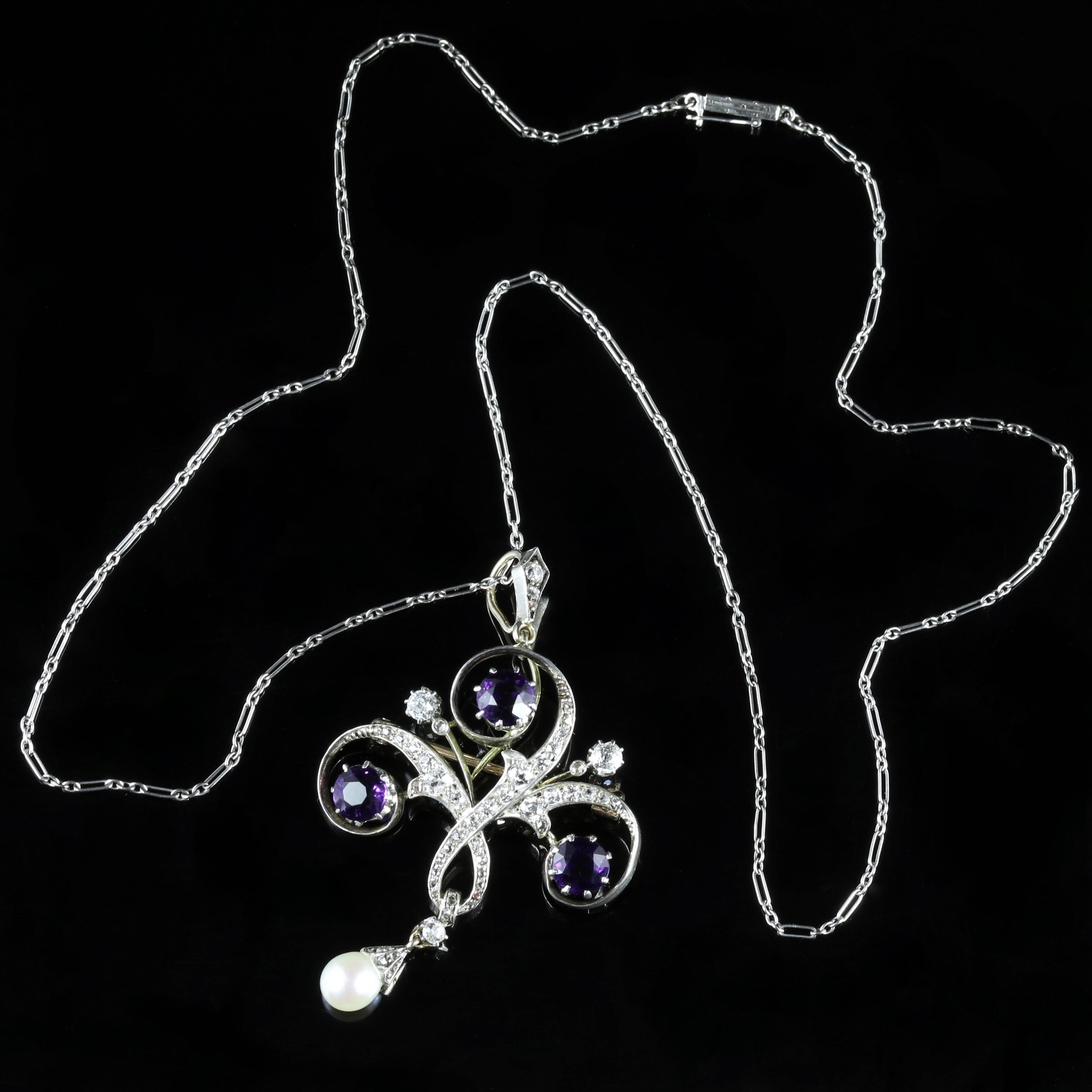 Antique Edwardian Platinum Amethyst Diamond Pendant Necklace In Excellent Condition In Lancaster, Lancashire