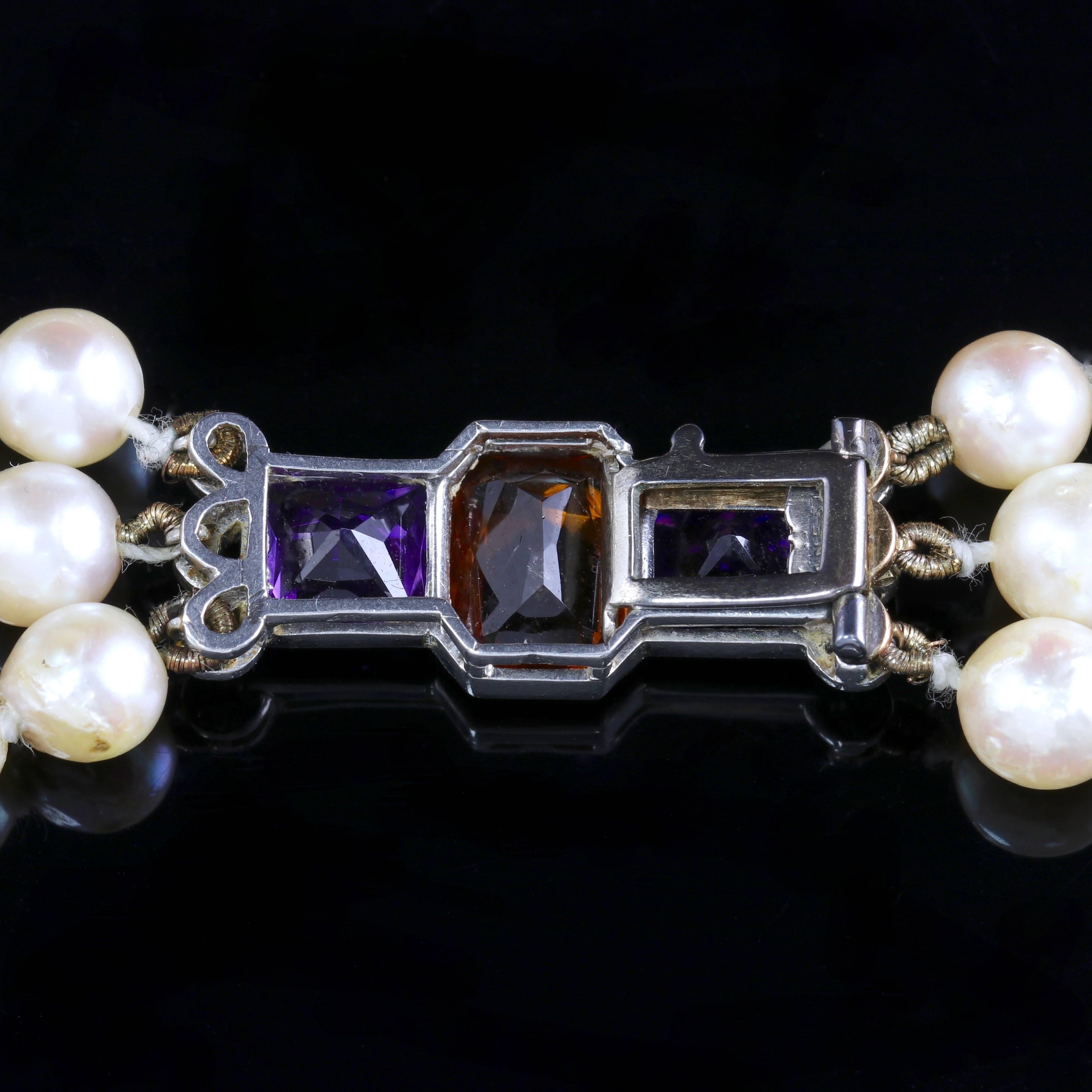 Women's Edwardian Platinum Pearl Necklace Diamond Citrine Amethyst Platinum Clasp For Sale