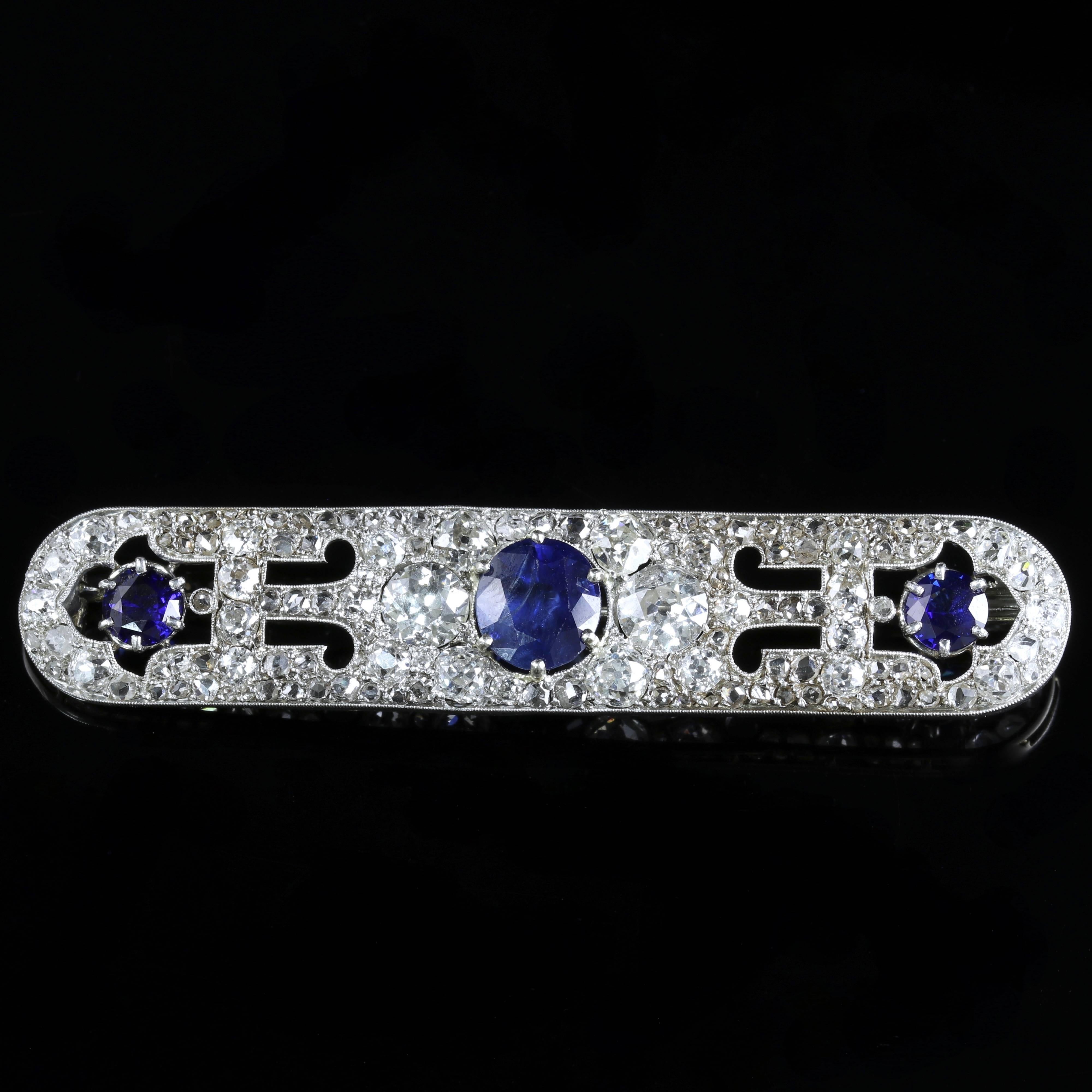 To read more please click continue reading below-

This fabulous all Platinum French brooch is genuine Edwardian, Circa 1910. 

The Brooch is hand made and set with Diamonds and a trilogy of best cut natural blue Sapphires.

Sapphire is the symbol