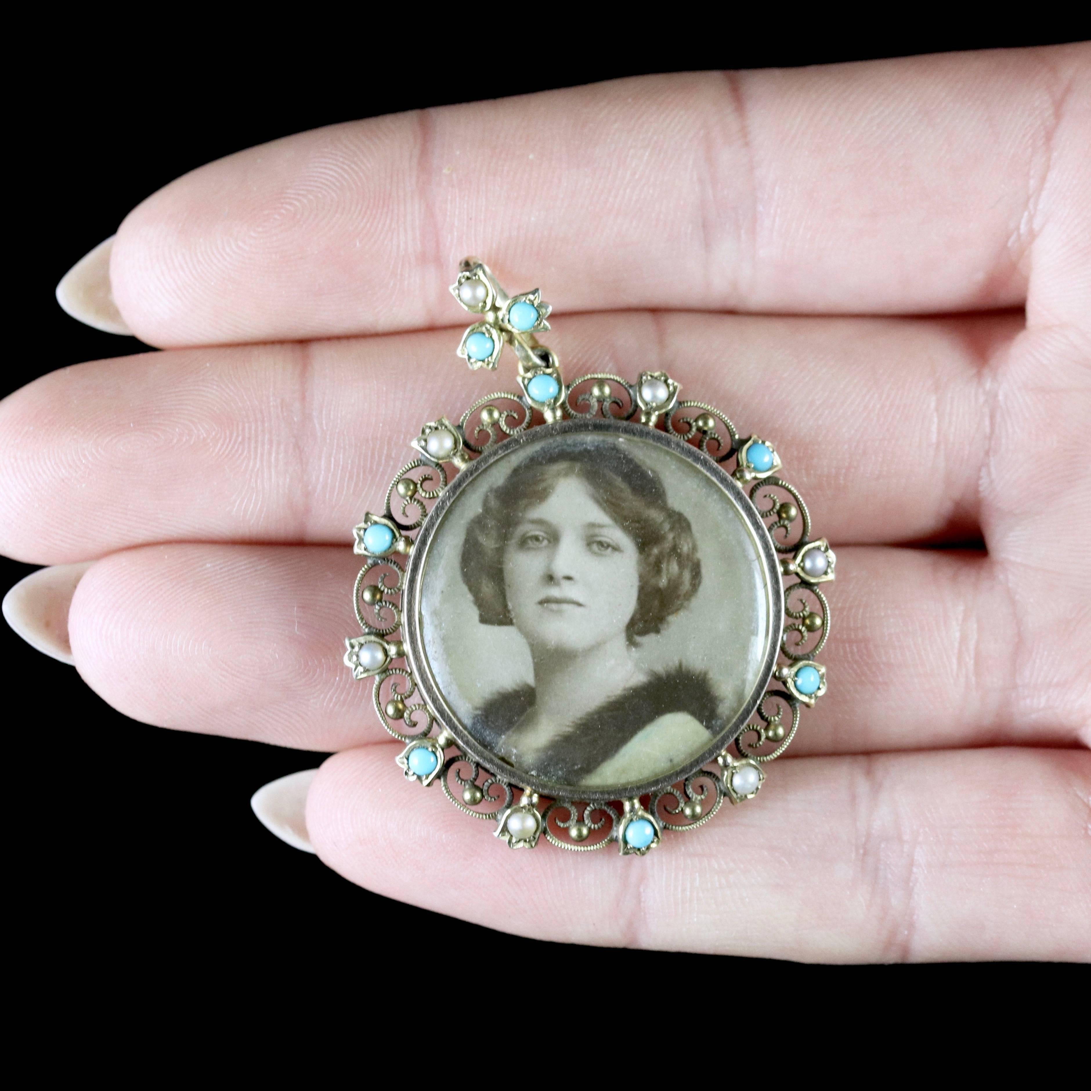 Antique Victorian Turquoise Pearl Gold Picture Pendant Locket, circa 1900 For Sale 3
